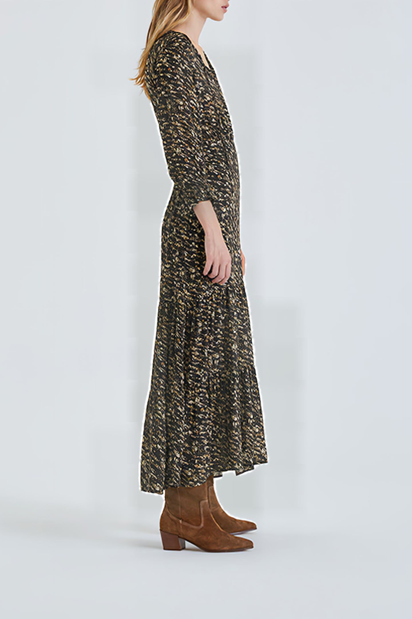 BLACK FUSAIN PRINT LONG DRESS BLACK 4