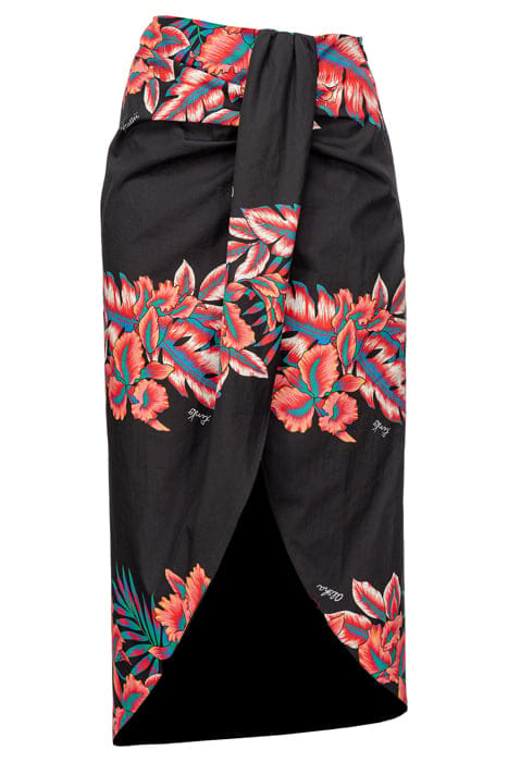GIREVOLE GONNA POPELINE STAMPA RIGA TROPICALE BLACK/RED MULT 1