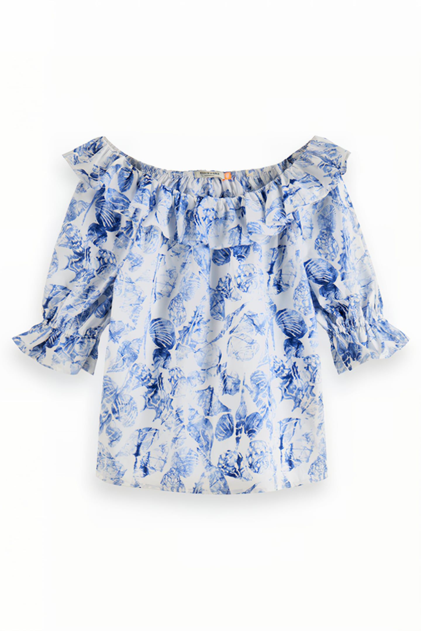 OFF SHOULDER TOP WITH RUFFLES SHELL BATIK BLUE 1