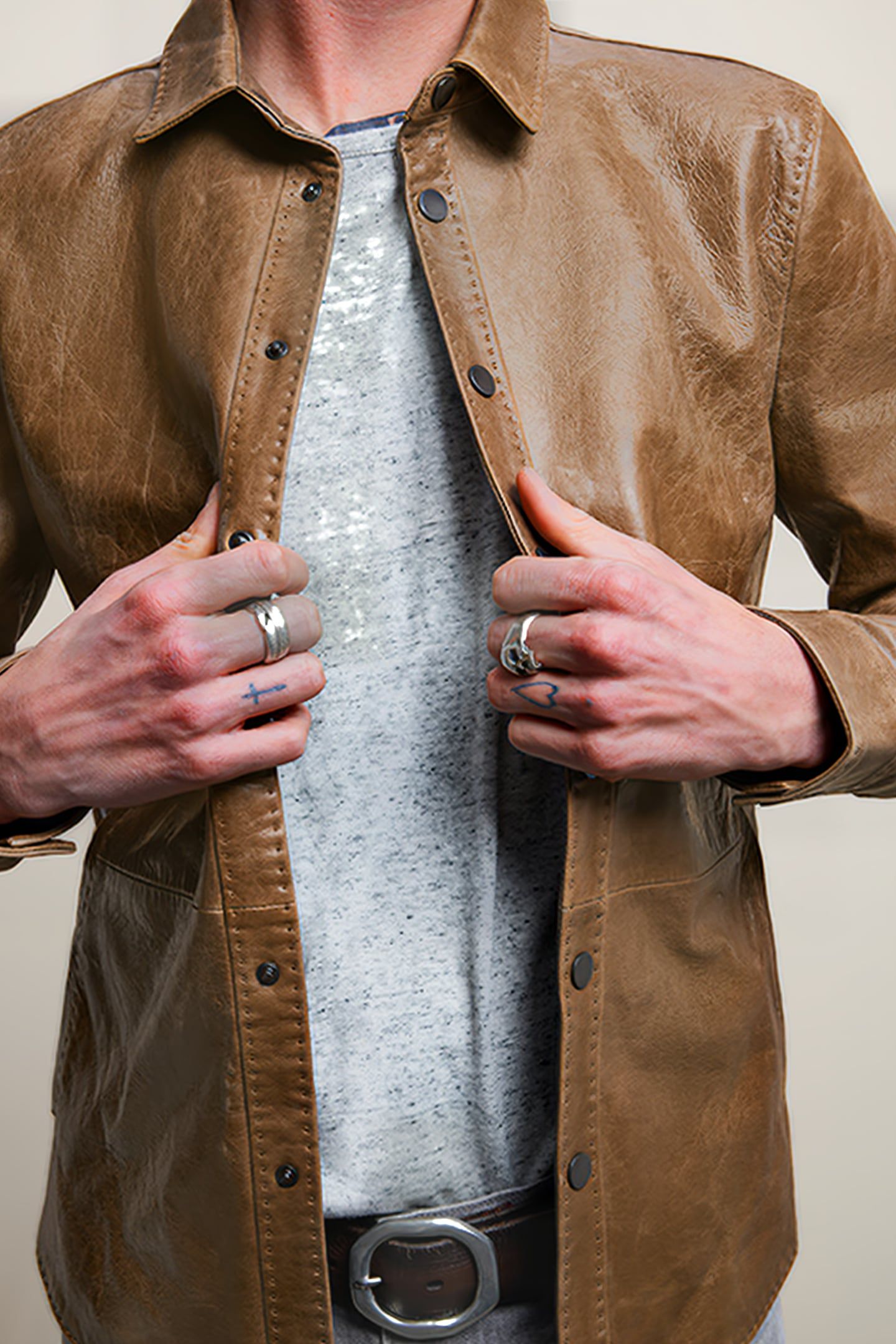 LEATHER PICK STITCHED SHIRT JACKET WITH WALNUT 2
