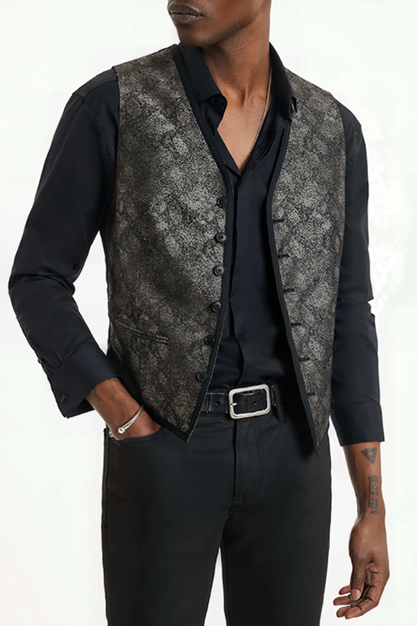 BUTTON FRONT CLOSURE VEST WITH SATIN TAP ALMOND 1