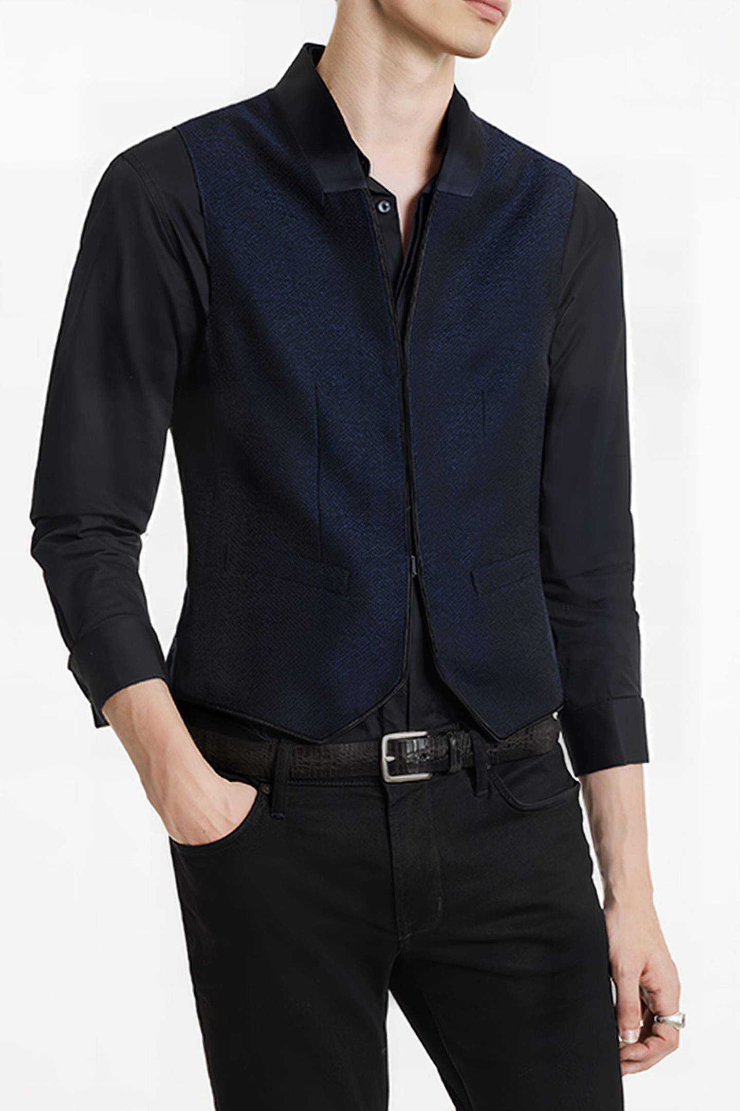 SHAWL COLLAR H B CLOSURE VEST BLUE BLACK 1