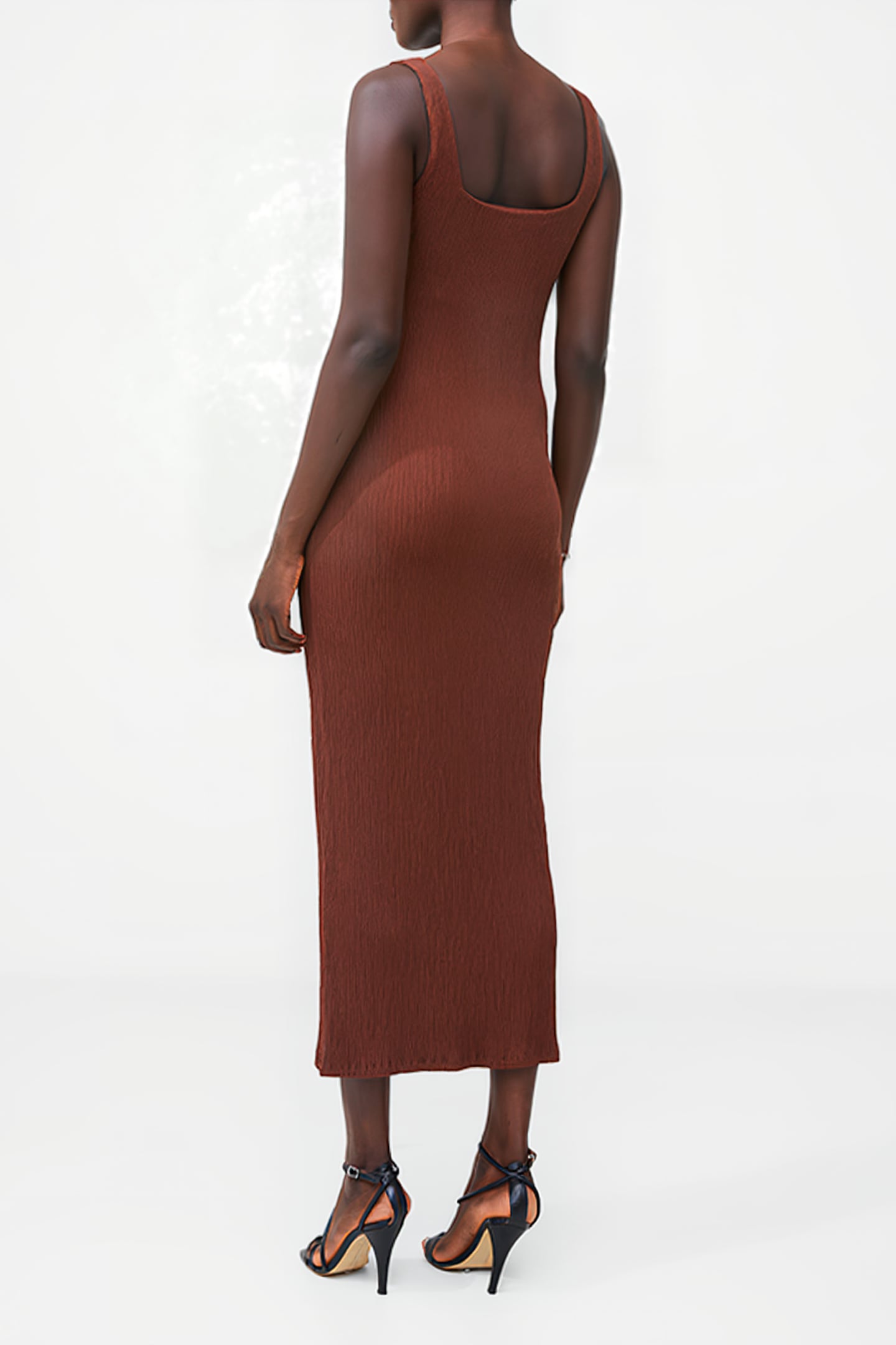 TEXTURED SQUARE NCK MIDI DRESS BROWN 2