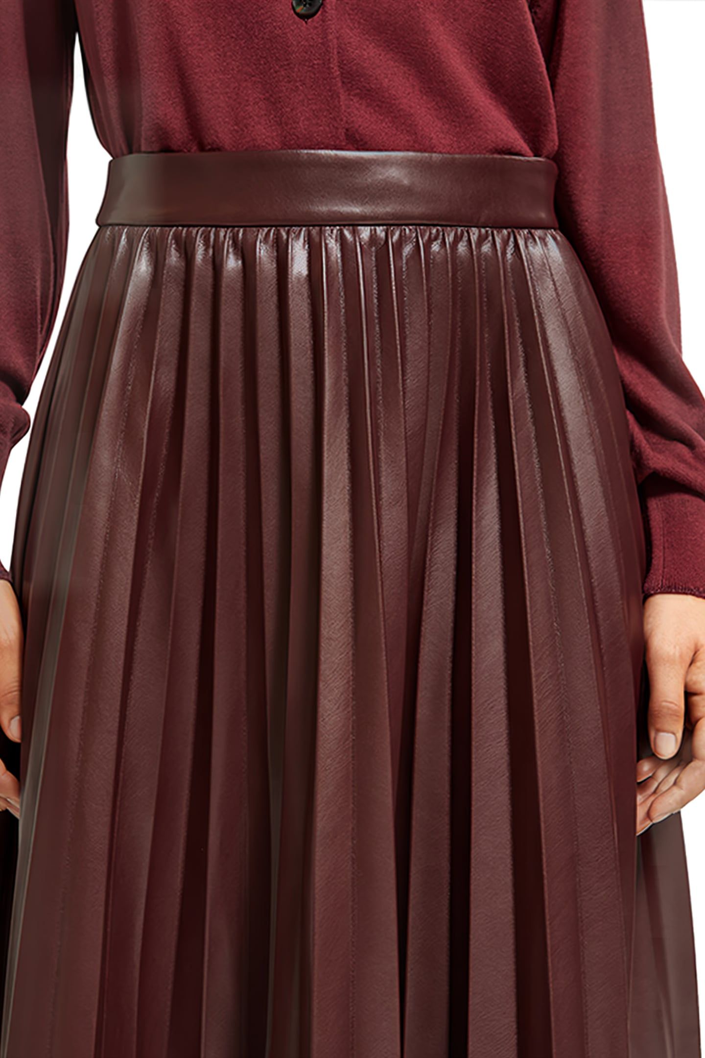 FAUX LEATHER PLEATED HIGH RISE MIDI SKIRT BORDEAUX 7