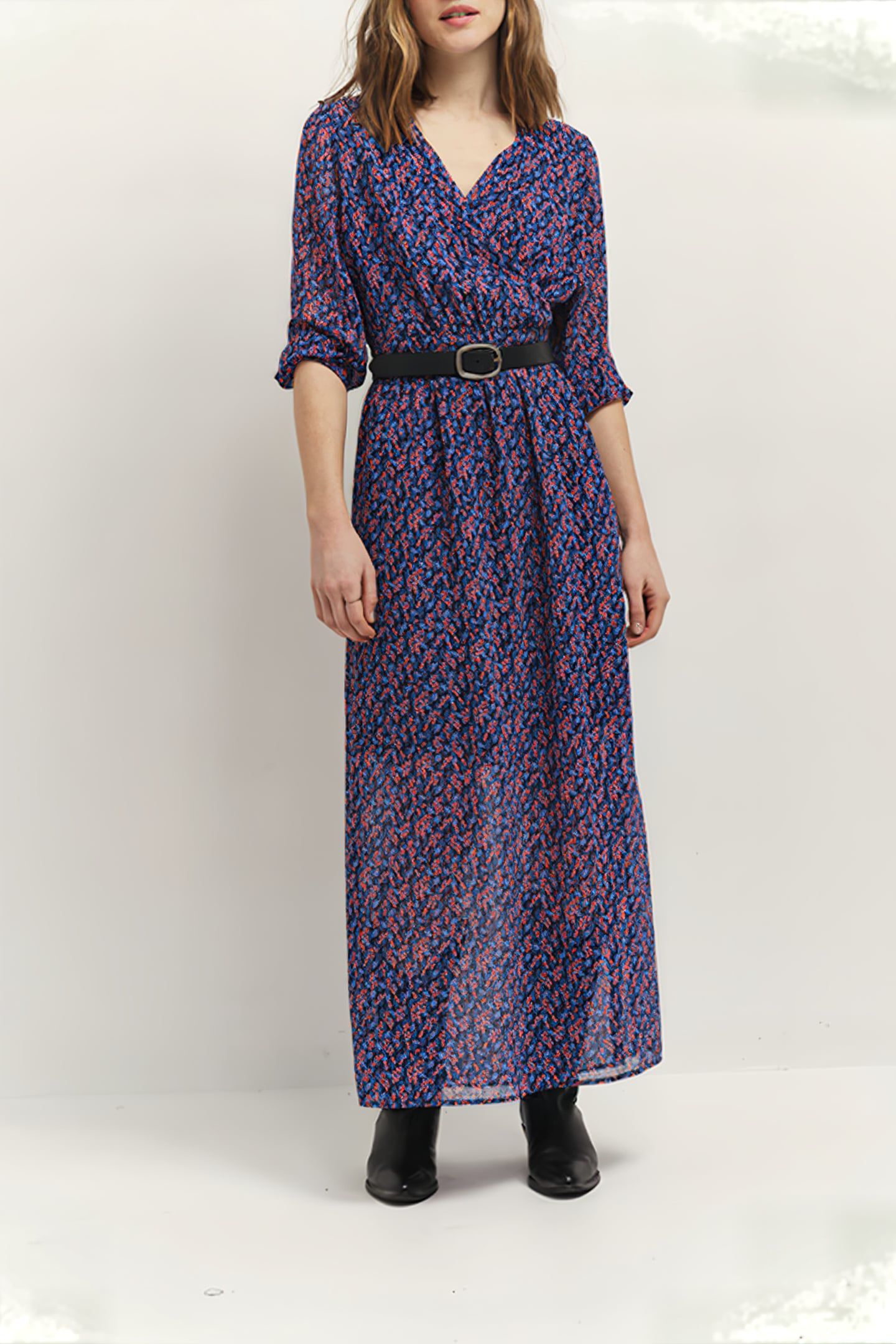 RAVNA - NAVY MAXI DRESS WITH RECYCLED POLYESTER GRAPHIC BOUQ 1