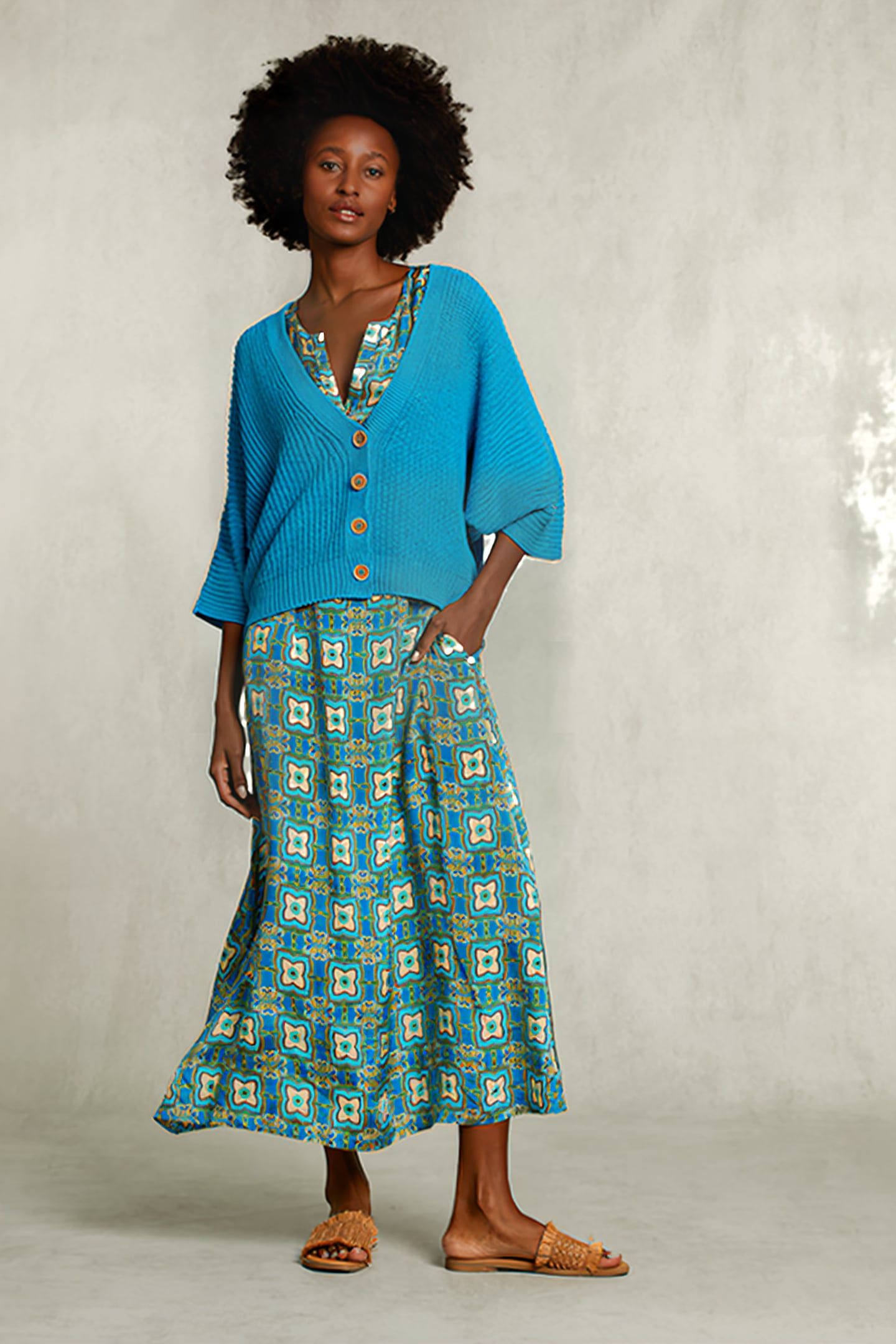 BLUE V-NECK CARDIGAN 3/4 SLEEVES BLUE 3