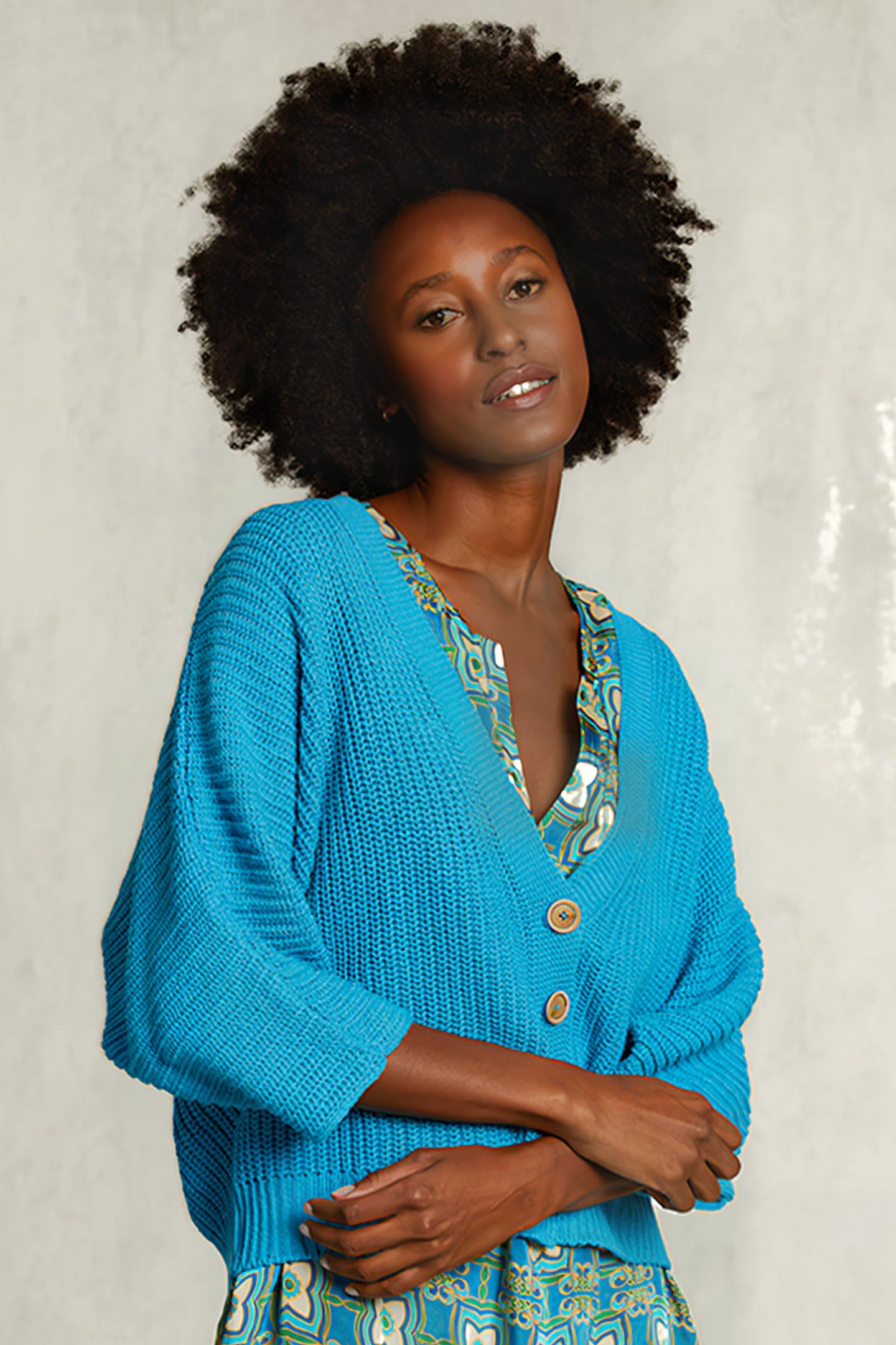 BLUE V-NECK CARDIGAN 3/4 SLEEVES BLUE 1
