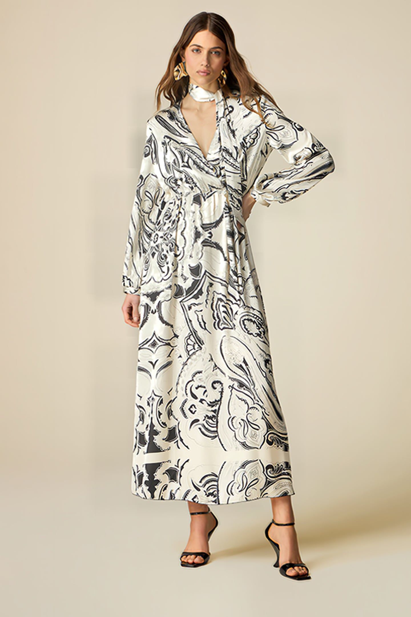 LONG PATTERNED SATIN DRESS WHITE 4