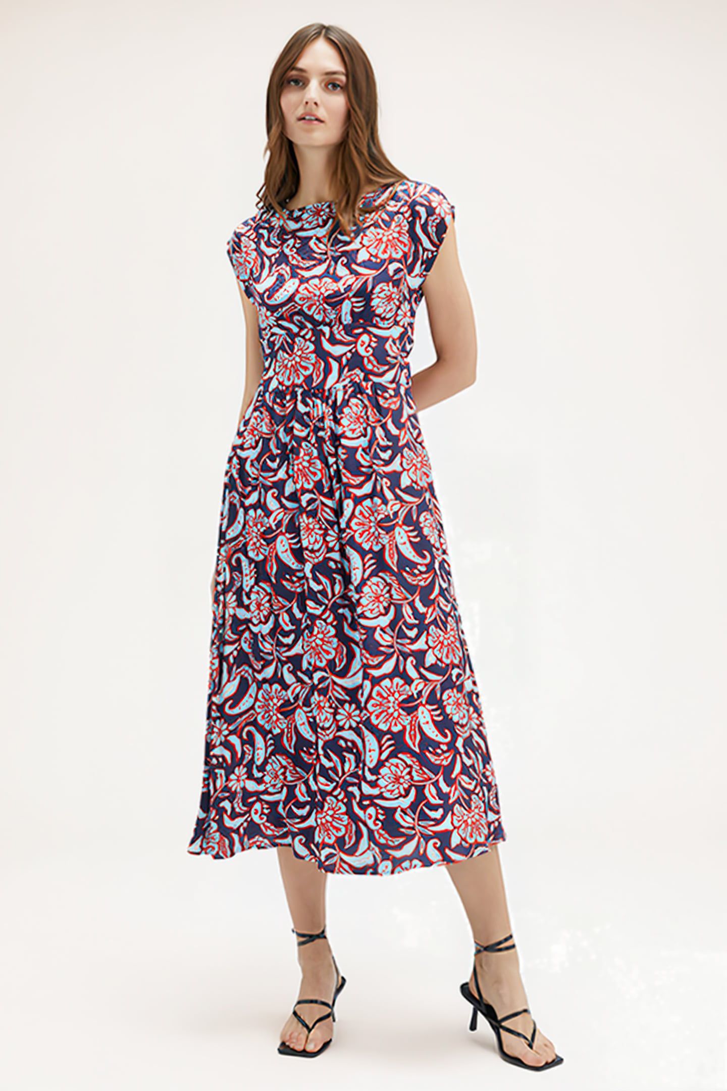 LONG SCARF PATTERN SATIN DRESS BLUE 1