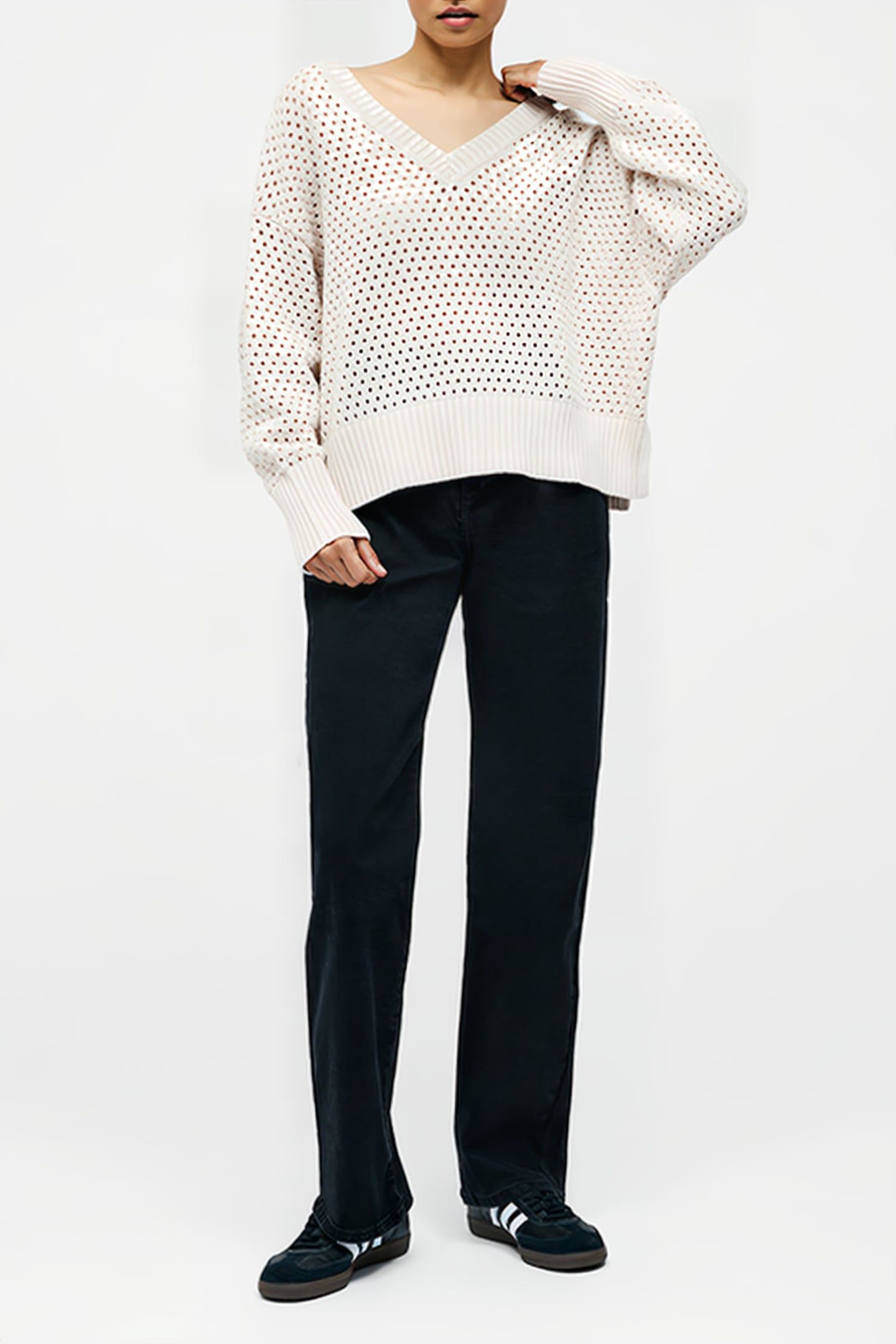 CROCHET KNIT V NECK SWEATER OATMEAL 3