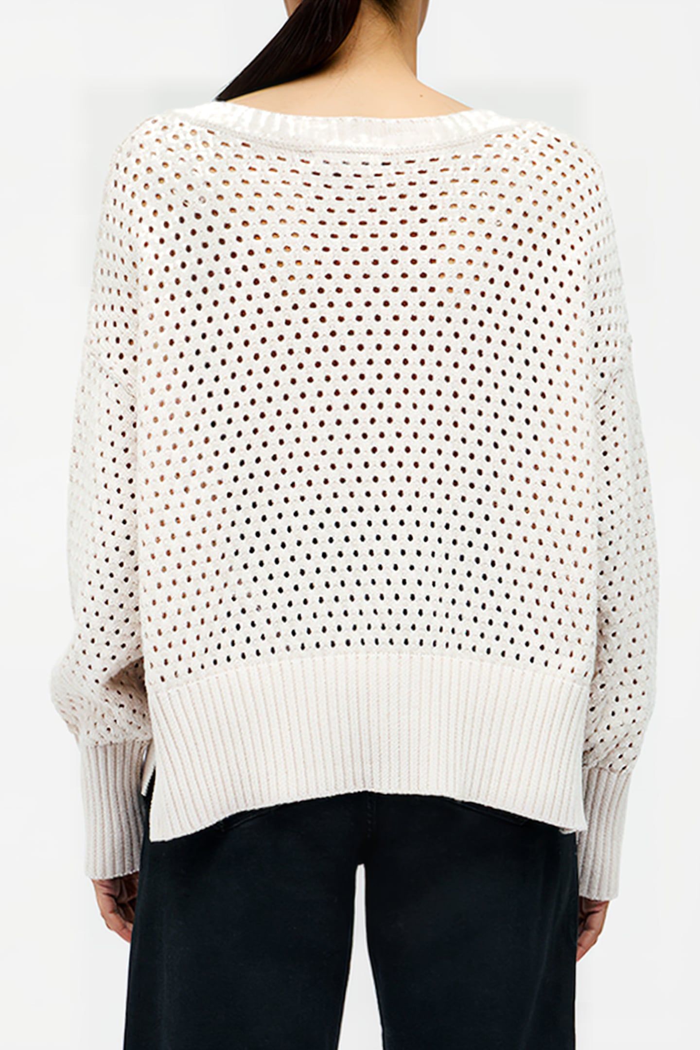CROCHET KNIT V NECK SWEATER OATMEAL 2