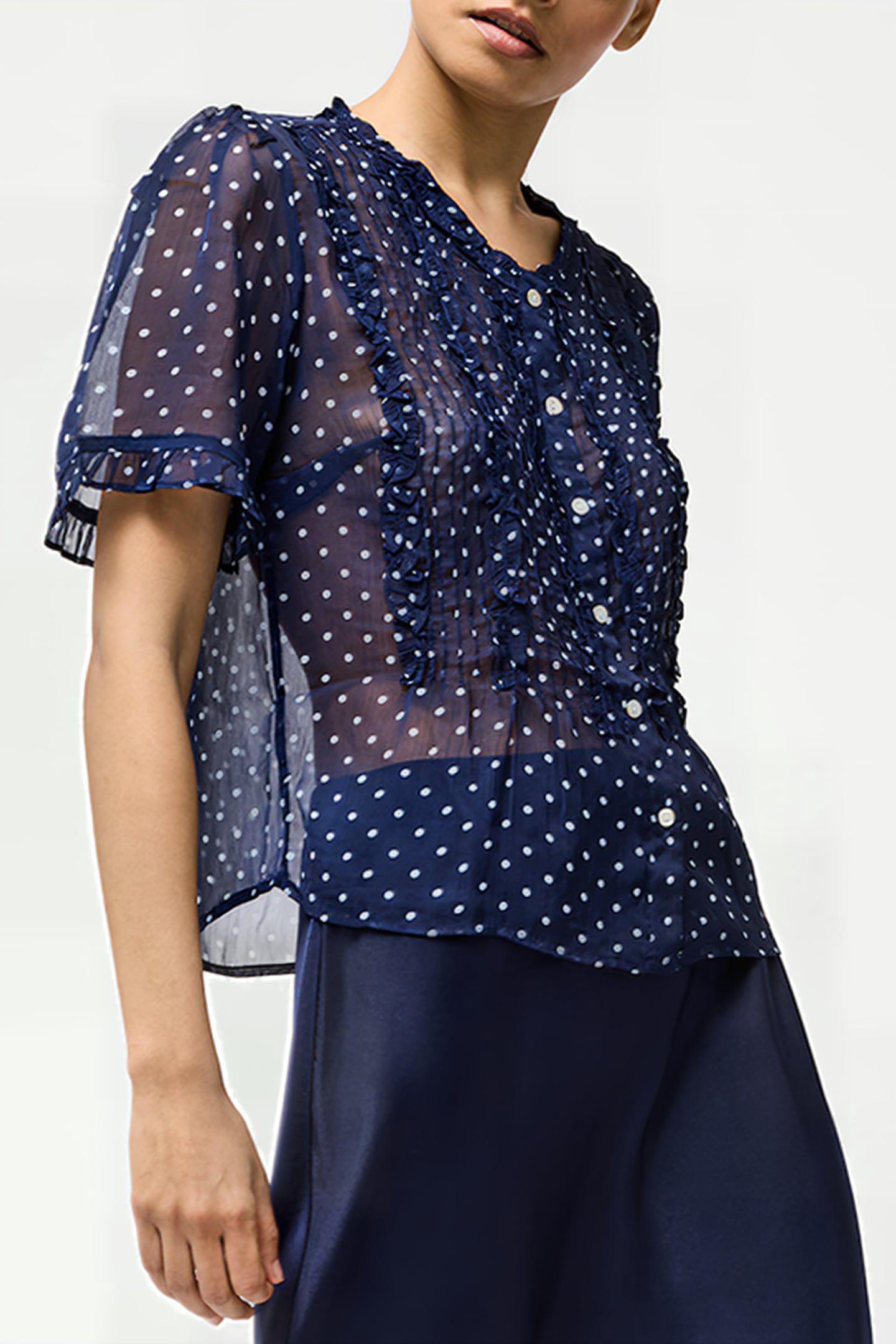 POLKA DOT SHORT SLEEVE RUFFLE TOP MIDNIGHT/SUMMER WHT 4