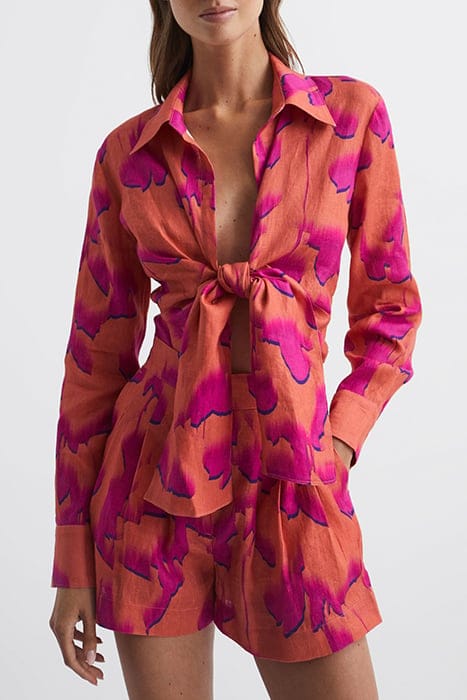 CORRINE TIE FRONT BLOUSE — FLORAL PINK/ORANGE 1