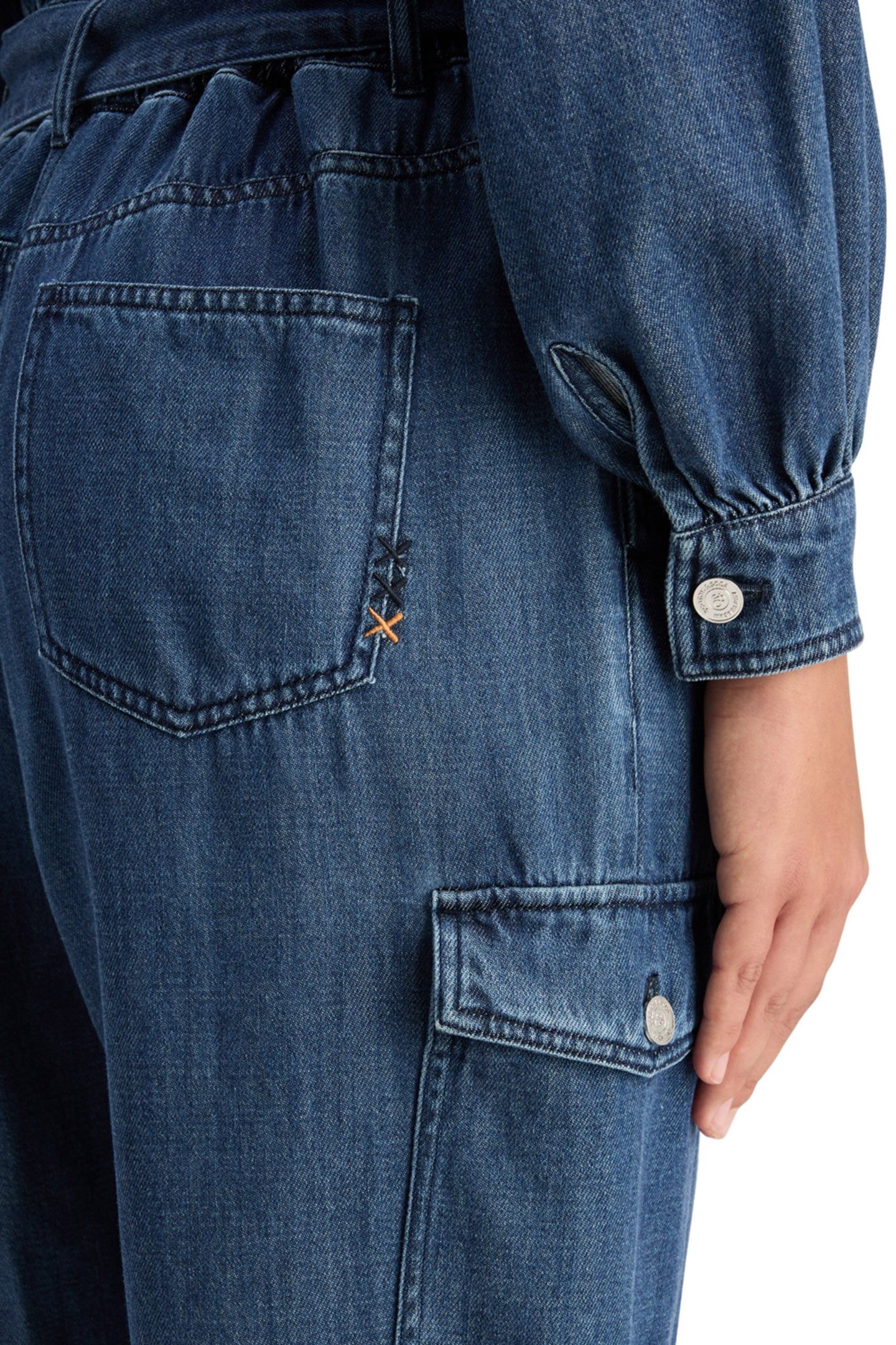 LIGHTWEIGHT DENIM JUMPSUIT IN DARK WASH WITH TONAL DETAILING 7