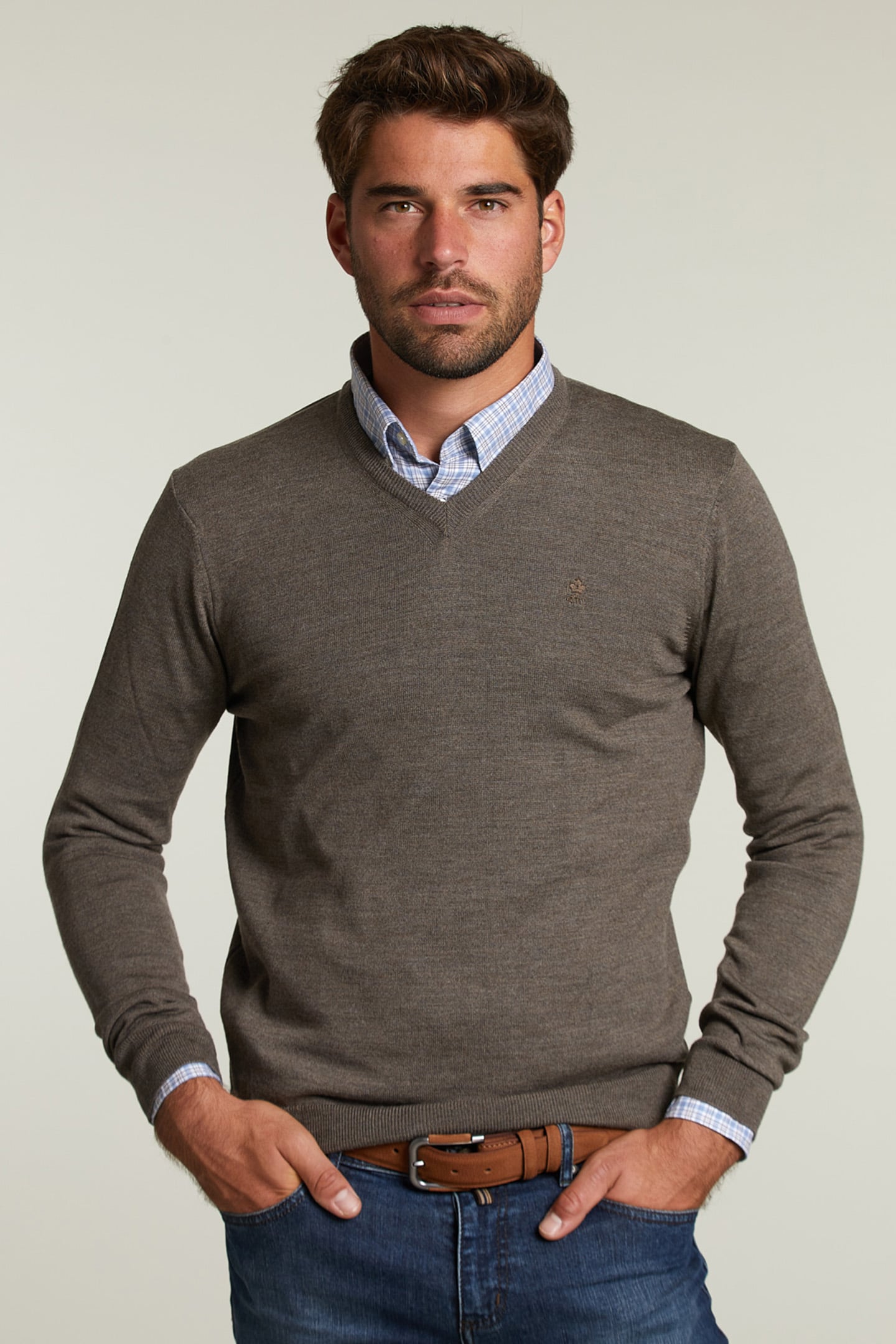 CUSTOM FIT MERINO V-NECK PULLOVER BARREL MIX 1