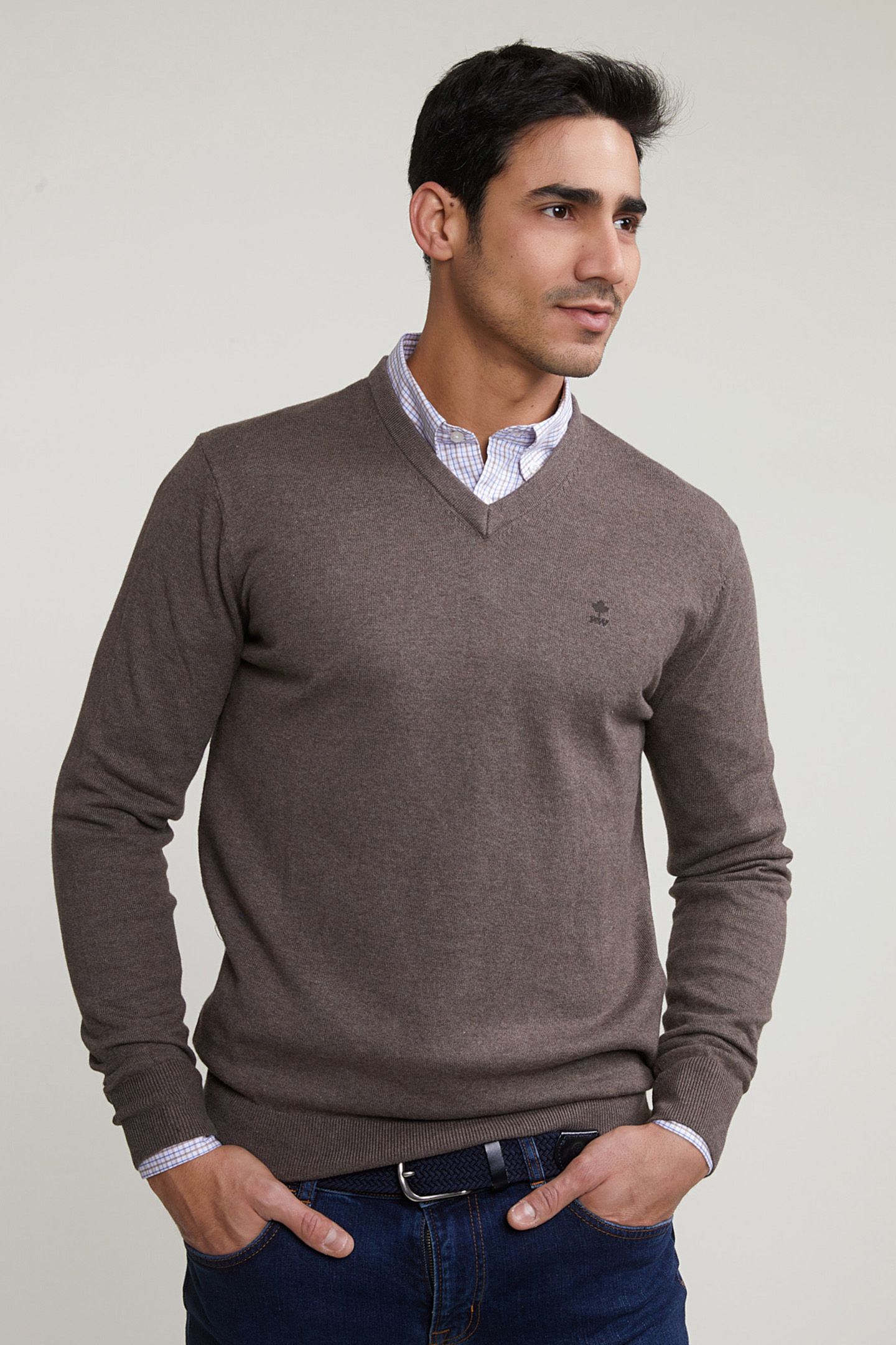 NORMAL FIT BASIC COTTON V-NECK SWEATER CROISSANT MIX 1