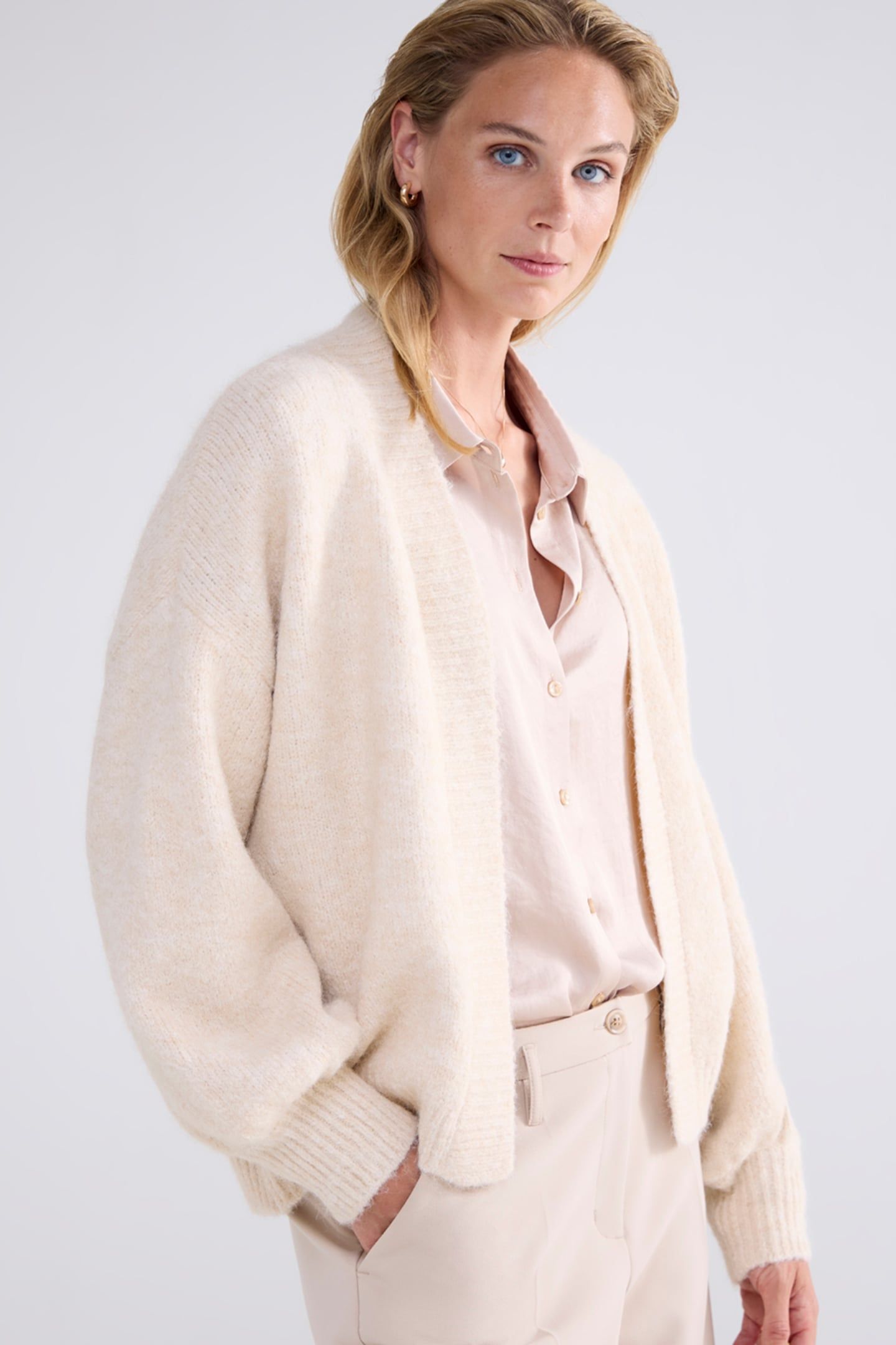 PUFF SLEEVE CARDIGAN COZY MELANGE KNIT CARAMEL COFFEE 4