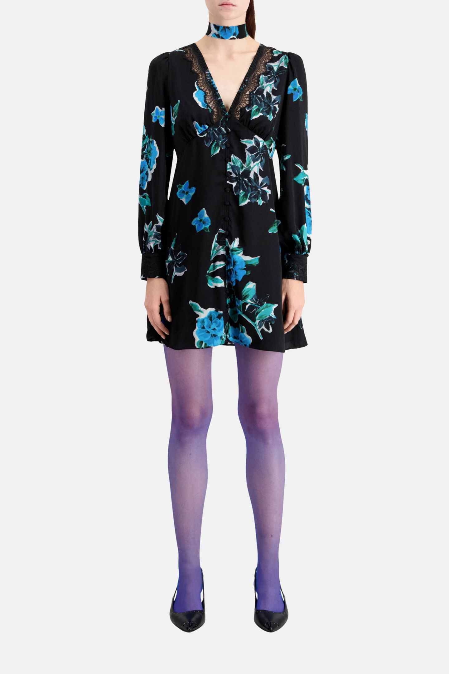 SHORT PRINTED V-NECK DRESS BLACK BLUE 2