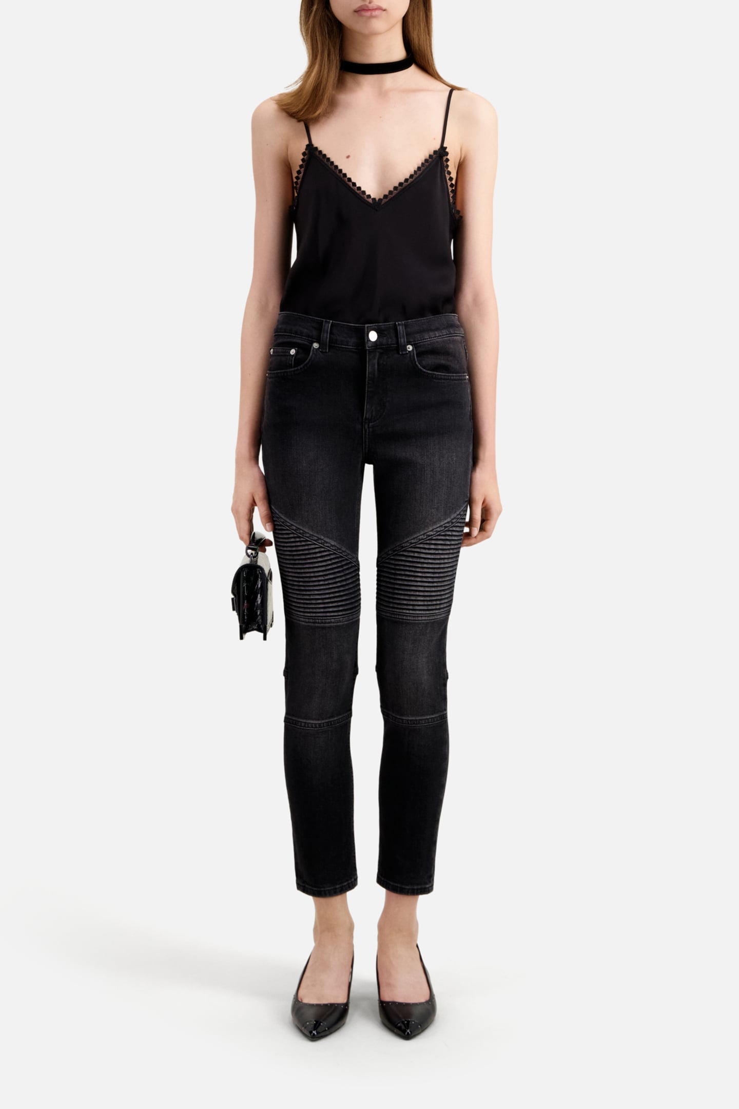 SLIM BLACK DENIM MOTORCYCLE JEANS 1