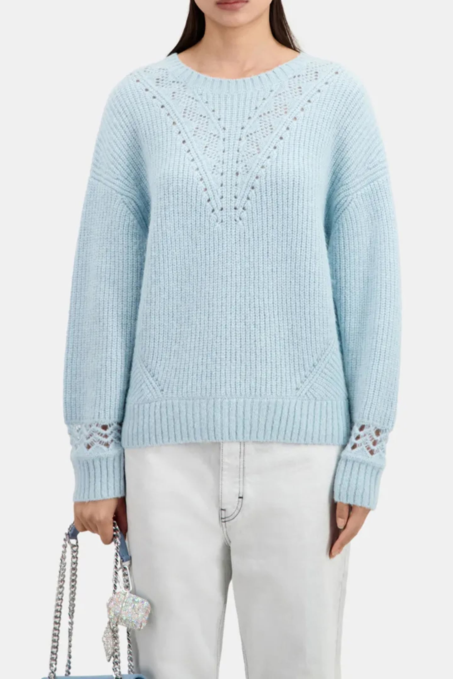 ROUND NECK SWEATER IN PEARL AND POINTELLE RIB BLUE GREY 1
