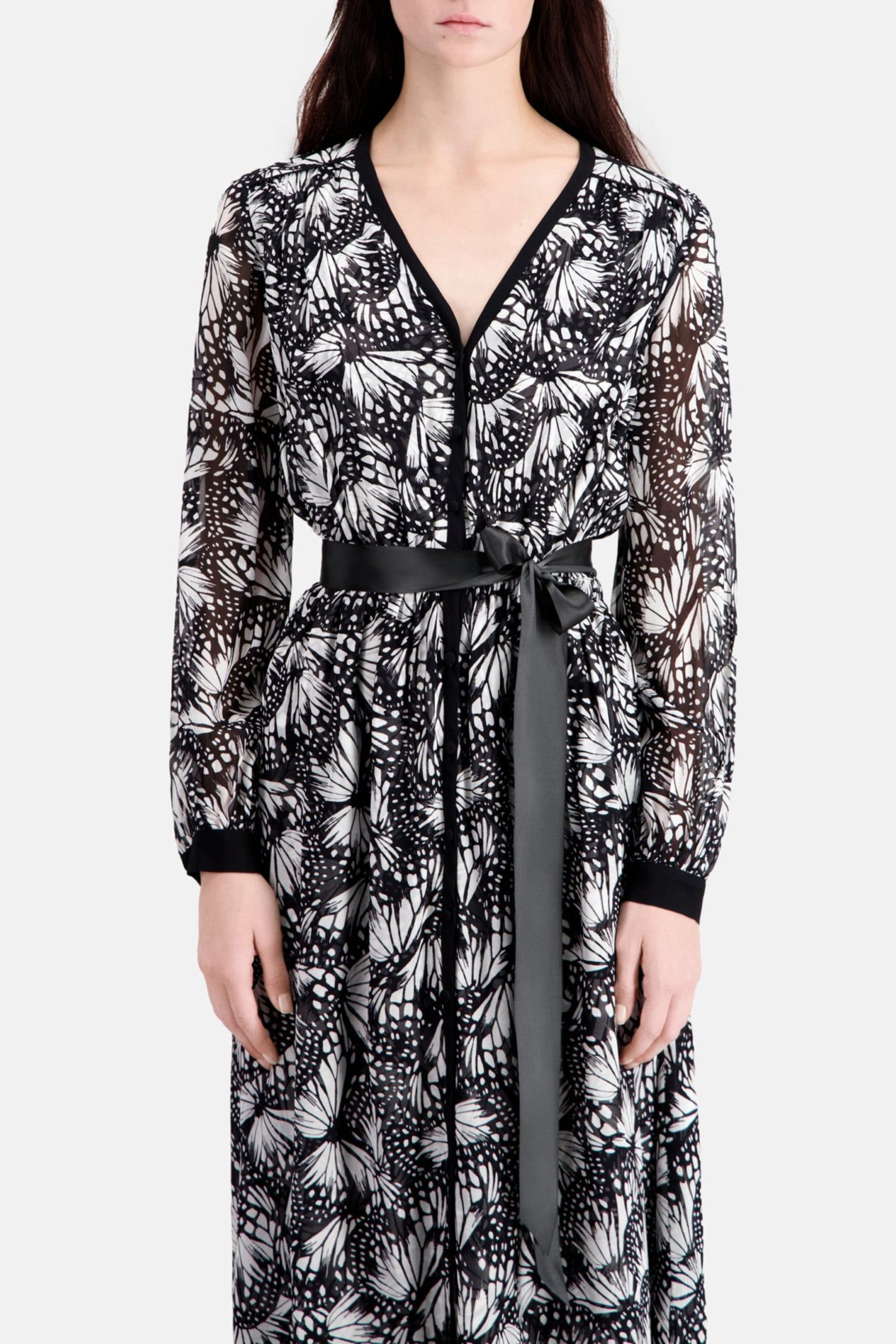 LONG-SLEEVED BUTTON-DOWN DRESS BLACK WHITE 5