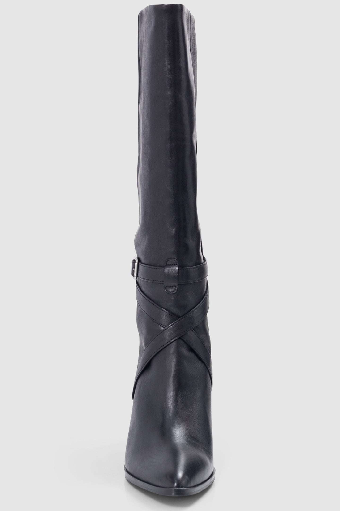 BLACK LEATHER CROSS-STRAP HEEL BOOTS 4