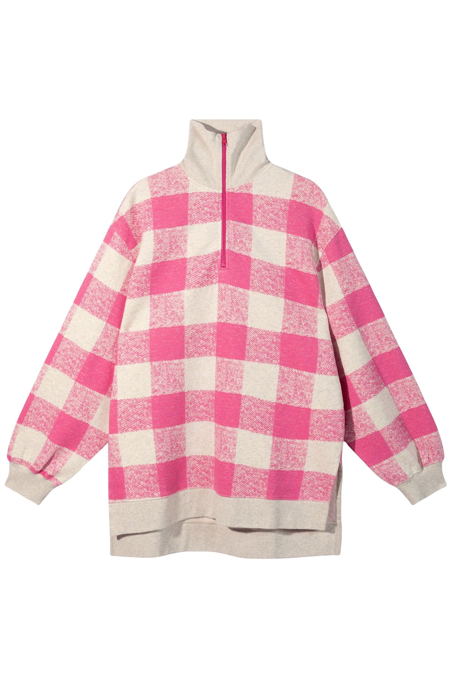HIGH NECK ZIP SWEATER CHECK BRIGHT PINK 4