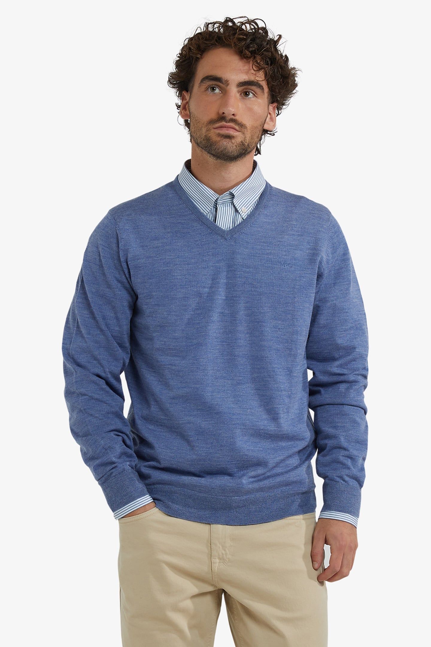 FINE MERINO V-NECK SWEATER VINTAGE BLUE 1
