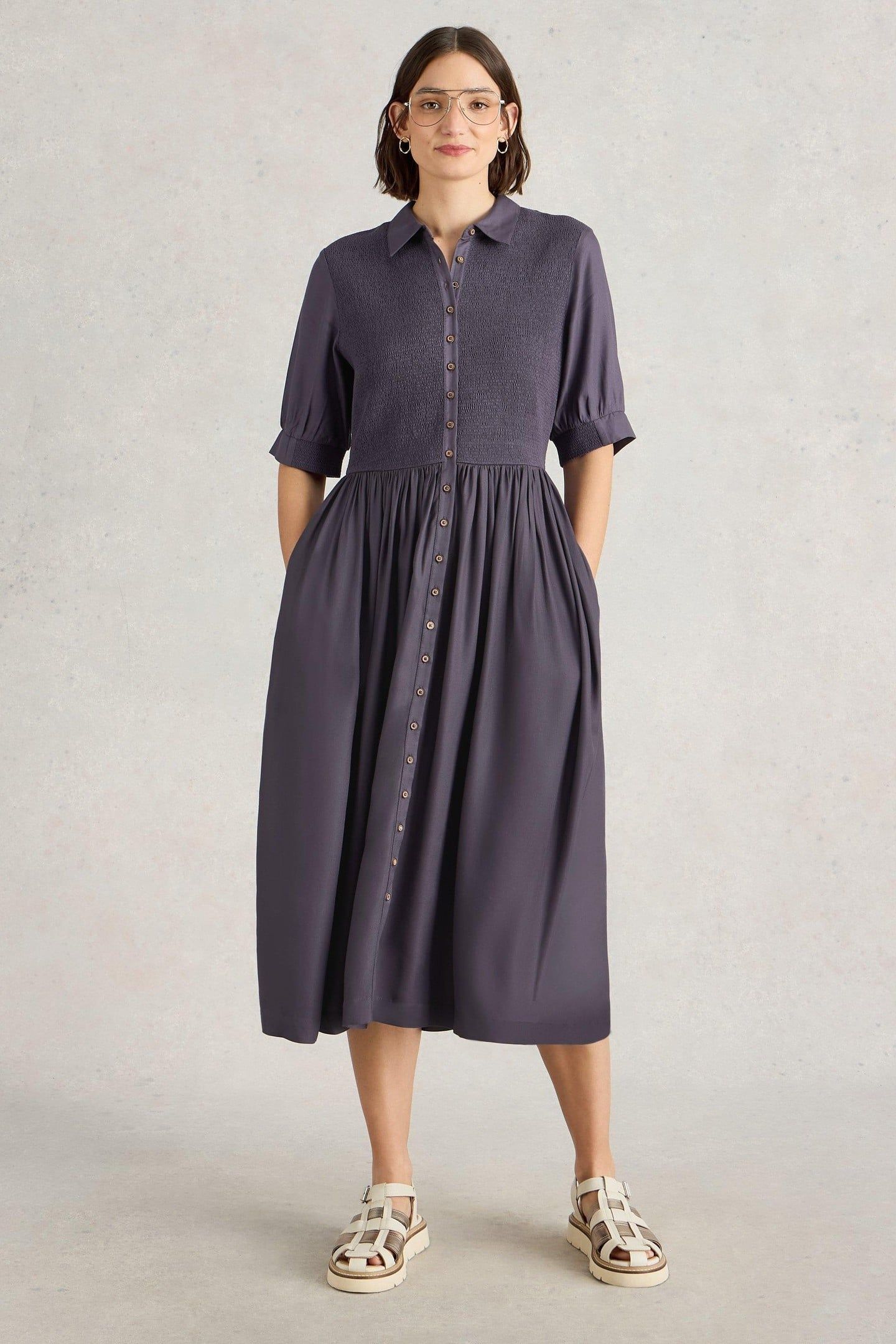 VALERIA SHIRRED DRESS MID PURPLE 1