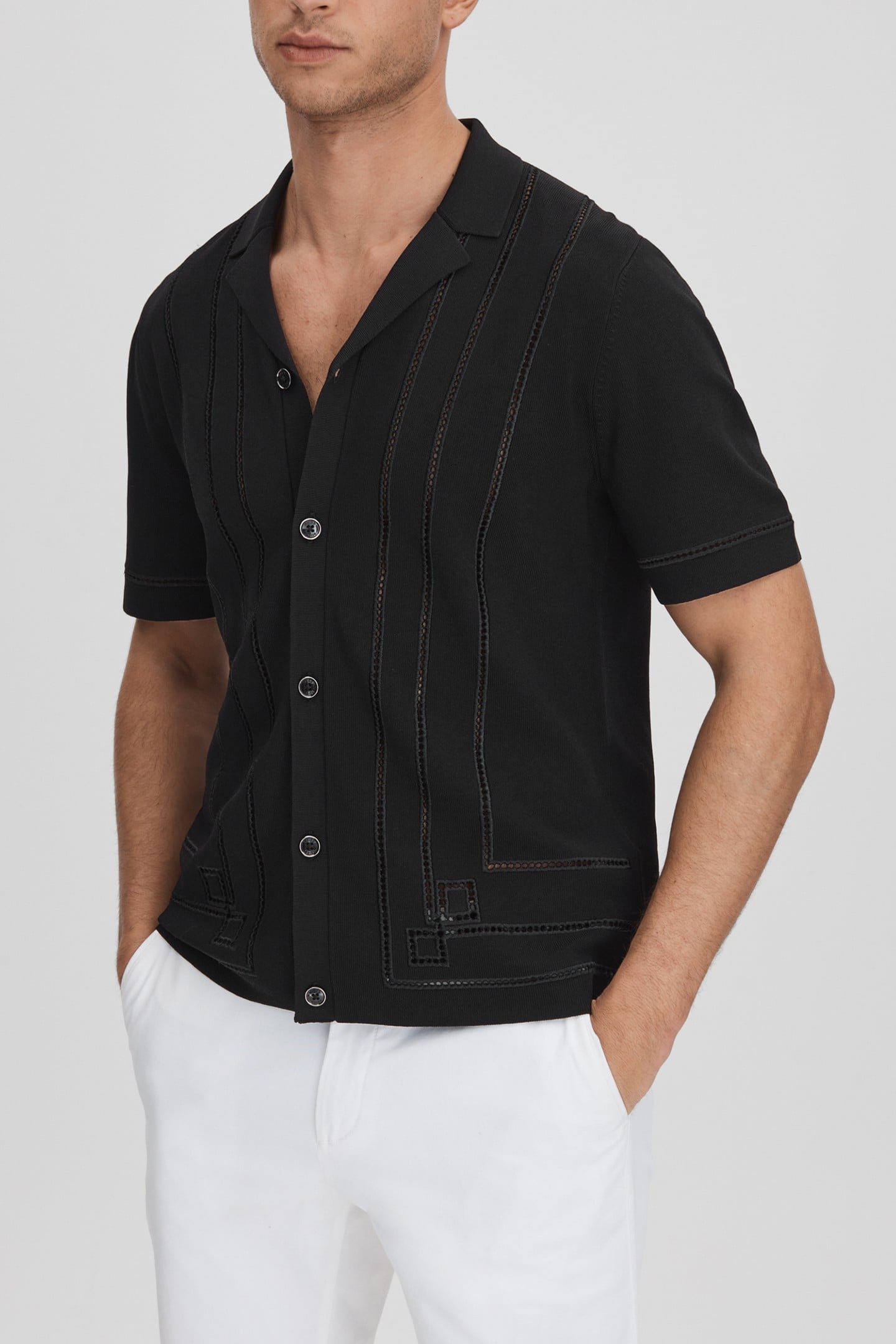 SHORTSLEEVE EMBROIDERED FRAME DETAIL CUBAN SHIRT BLACK 1
