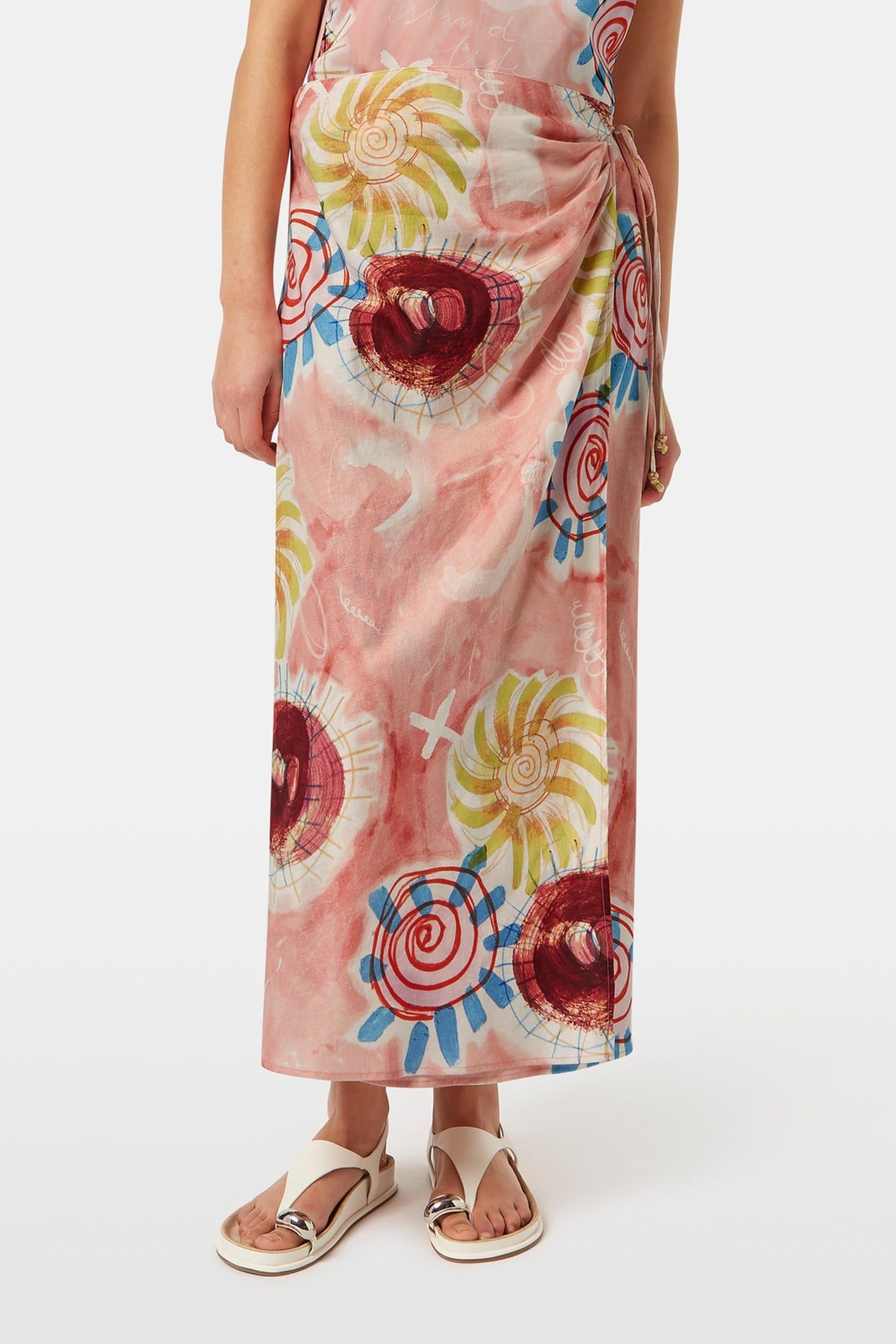 LINEN BLEND PRINTED WRAP SKIRT ABSTRACT SUN PINK 2