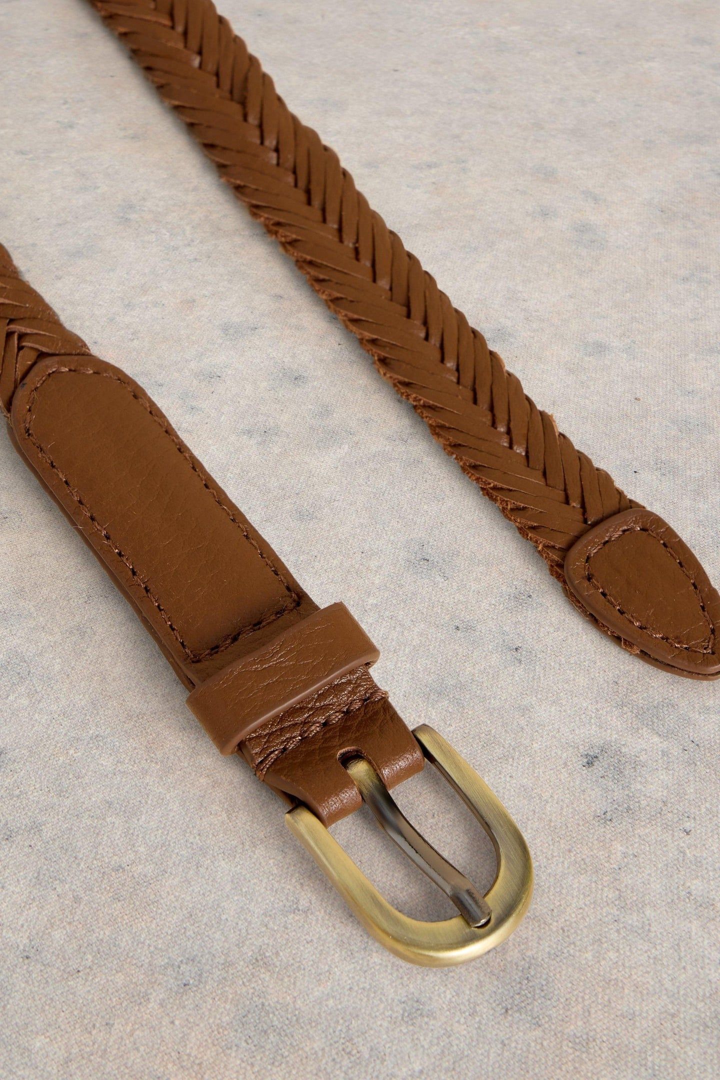 PLAITED LEATHER SKINNY BELT MID TAN 3