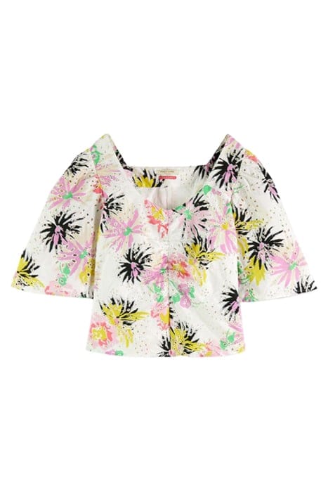 RUCHED FRONT FLUTTER SLEEVE TOP ASTER WHITE 1