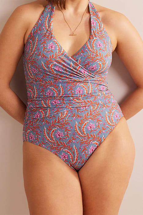 LEVANZO RUCHED HALTER SWIMSUIT DELPH BLUE, OPULENT VINE 4