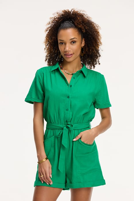 LADIES FREYA MOUSSELINE WAFFLE JUMPSUIT BASIL GREEN 1