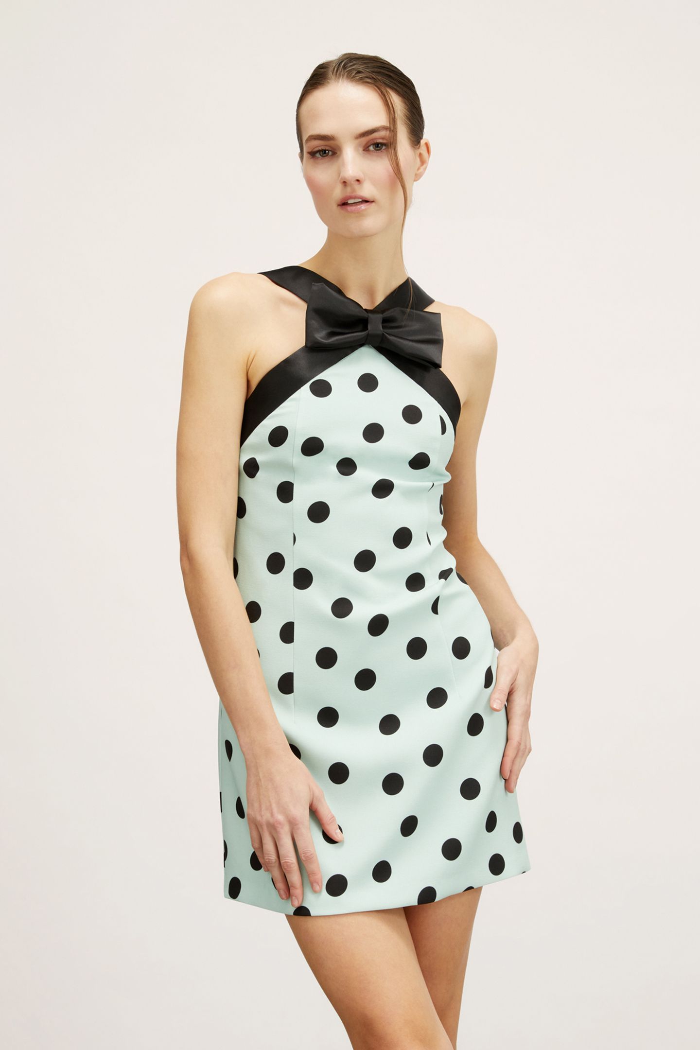 POLKA DOT PATTERNED MINI DRESS WITH BOW AQUAMARINE 1