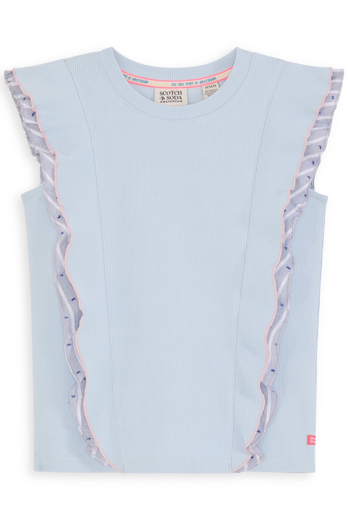 S&S GIRLS DENIM GROUP Y/D RIB RUFFLE FASHION TOP LT BLUE/PAS 1