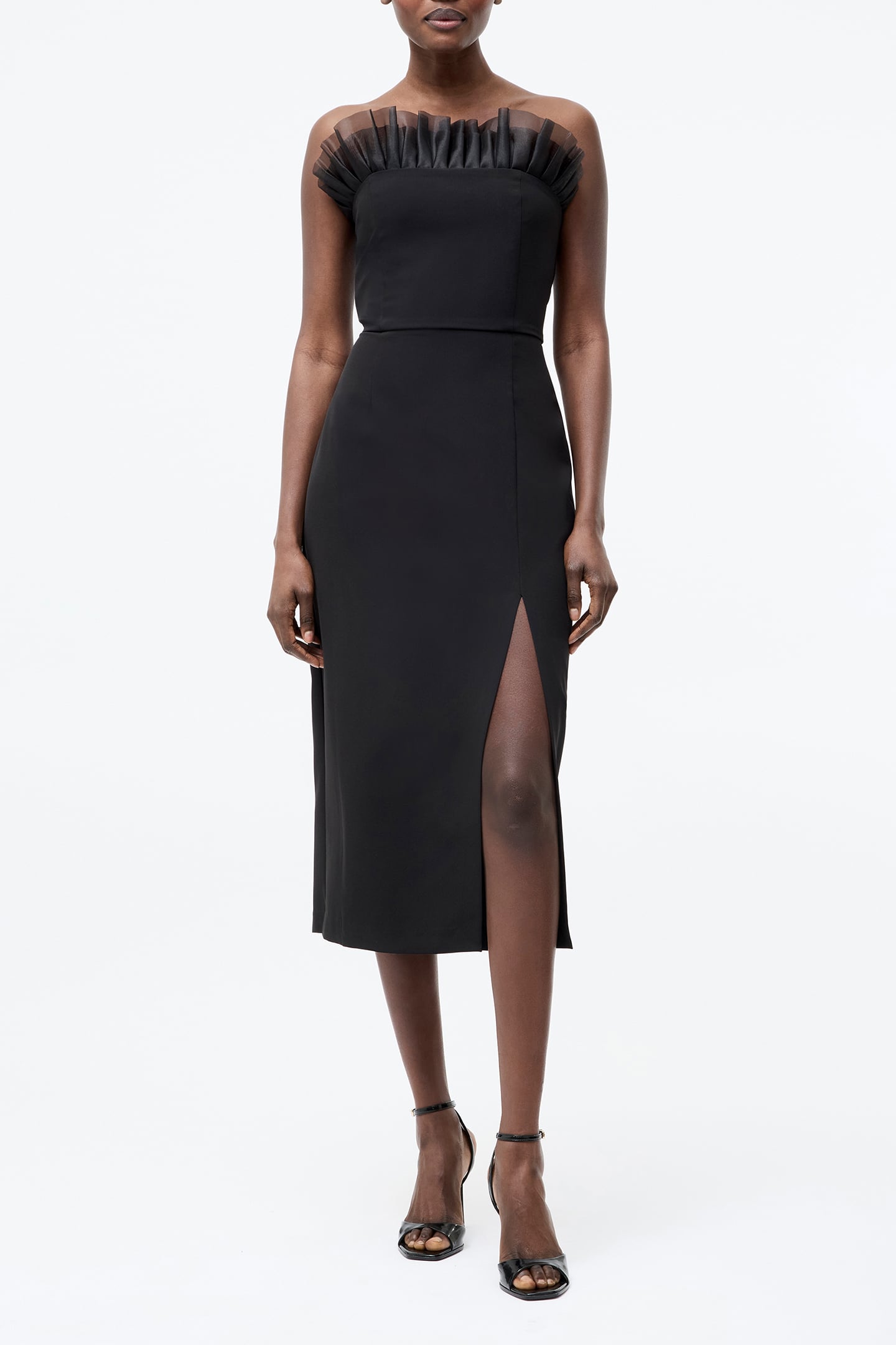 BANDEAU ORGANZA MIX FRILL MIDI DRESS BLACK 1