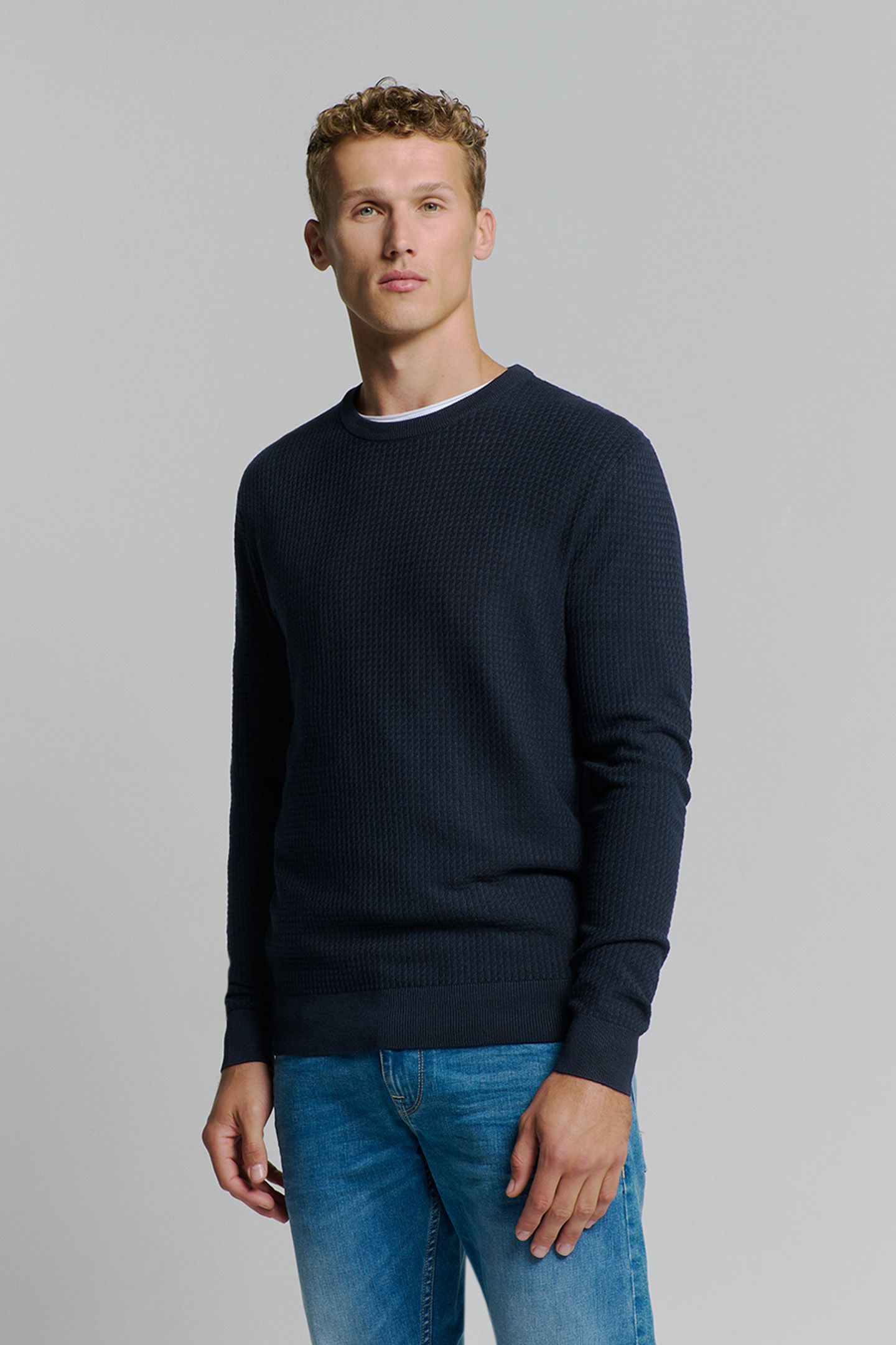 PULLOVER CREWNECK 2 COLOURED WAFFLE JACQUARD BLUEBERRY 1