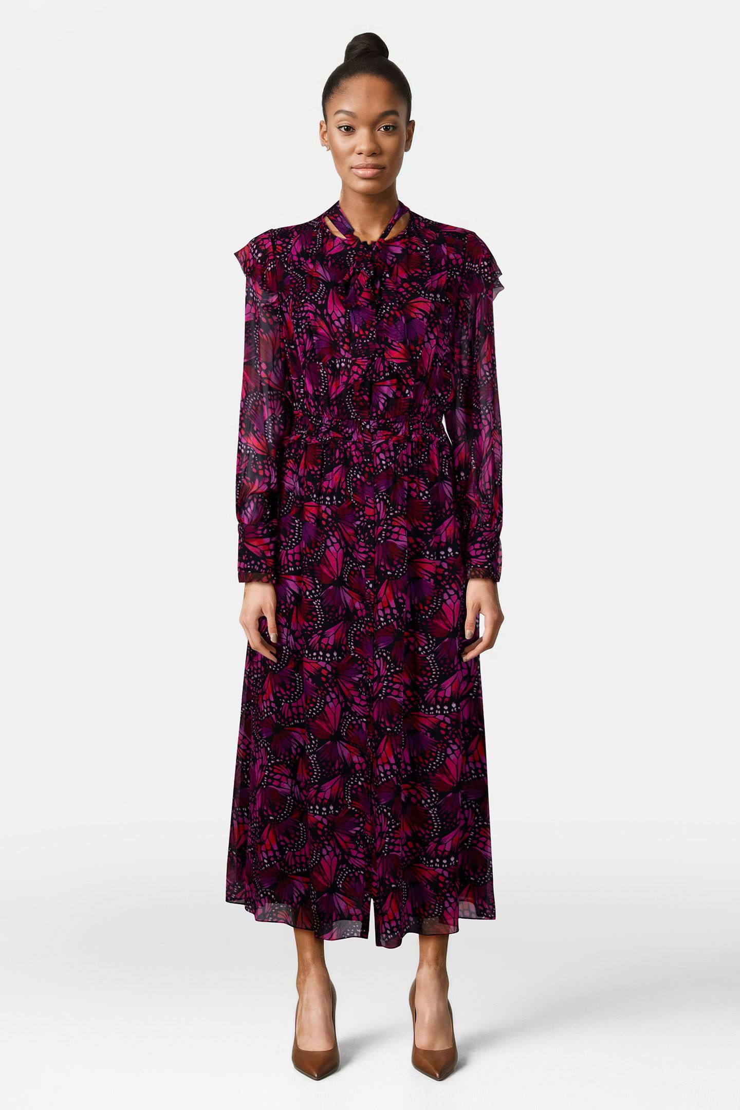LONG BUTTONED DRESS WITH LAVALIERE COLLAR PINK 1