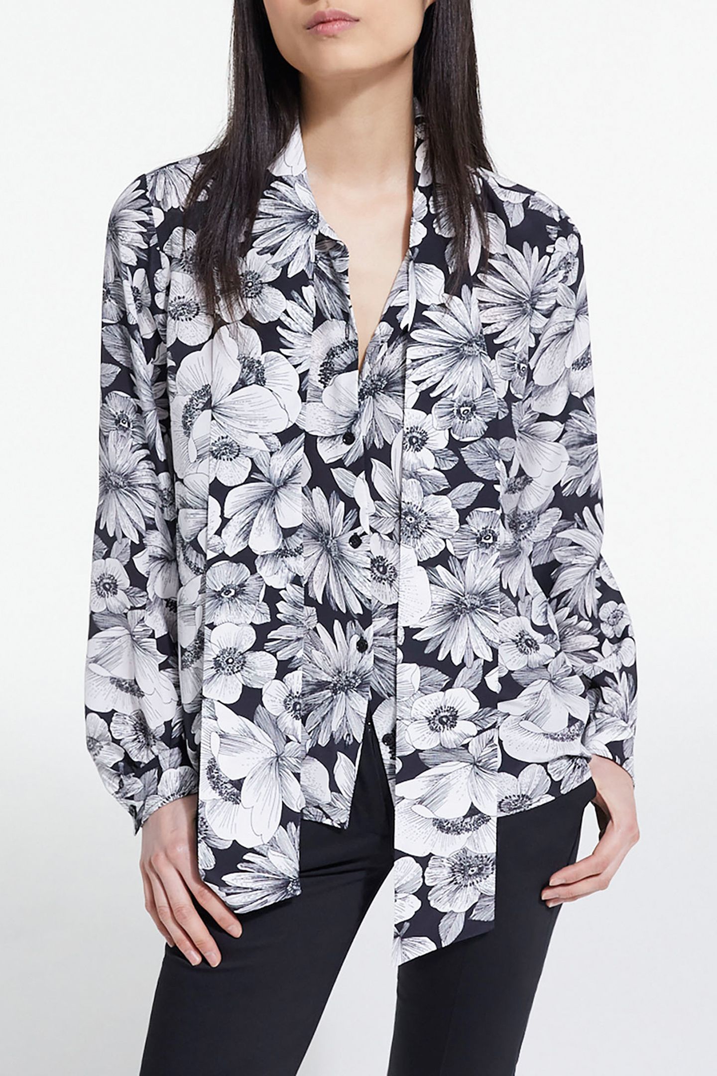 LONG-SLEEVED SHIRT WITH LAVALIERE COLLAR BLACK WHITE 1