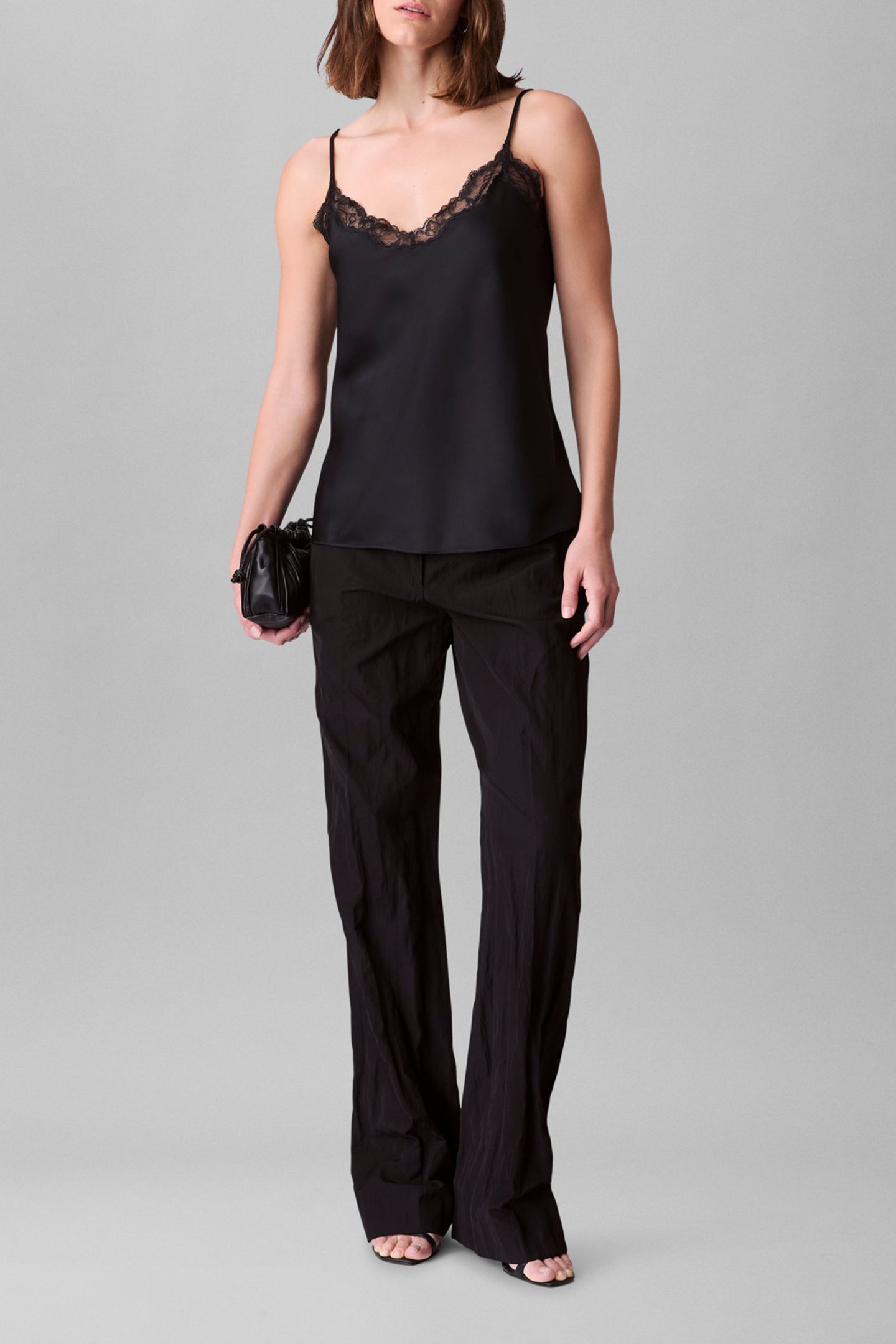 MATTE SATIN CAMI WITH LACE TRIM BLACK W/ BLACK LACE 3