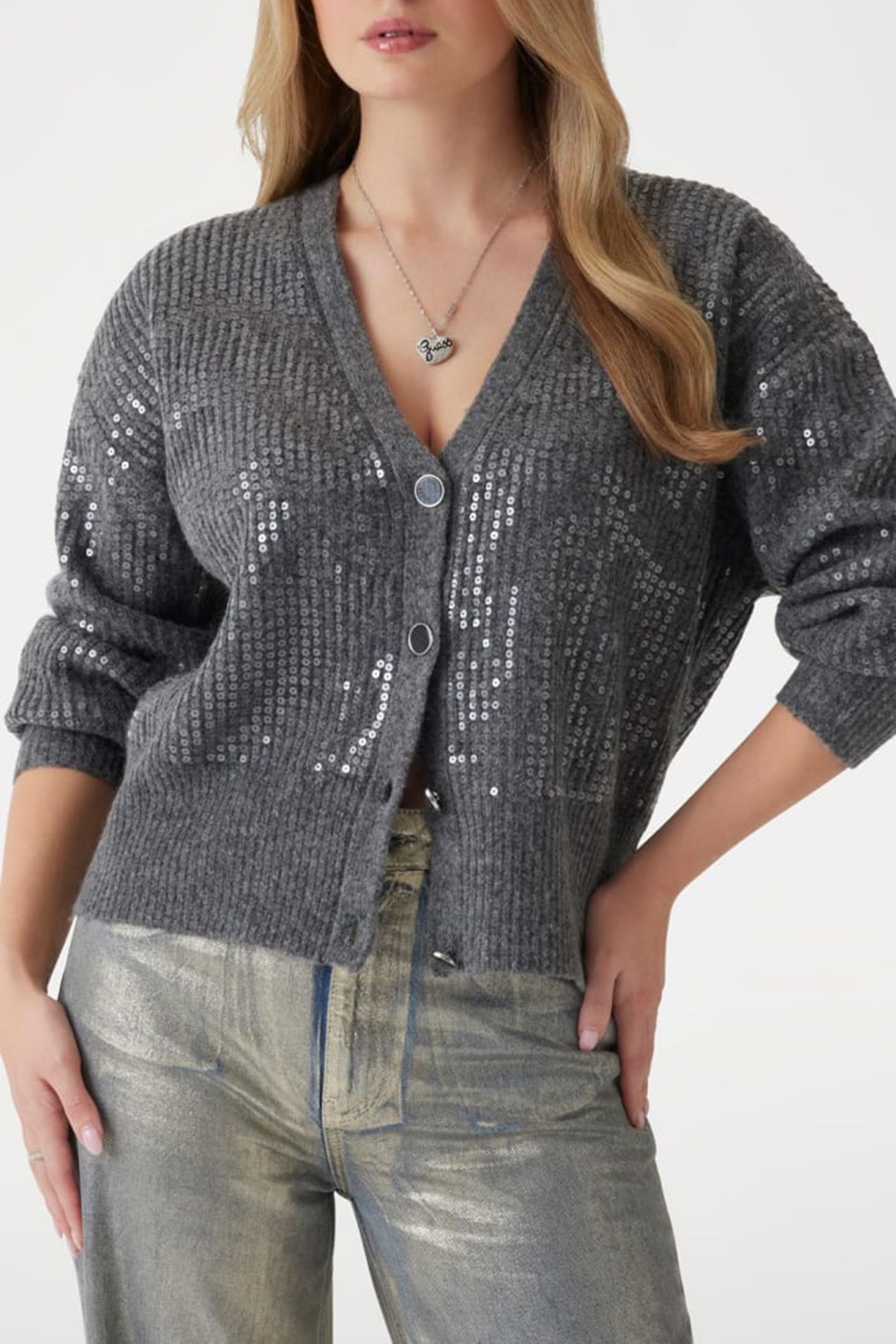 GUESS ECO RILEY LS VN SEQUINS DARK GREY HEATHER 1
