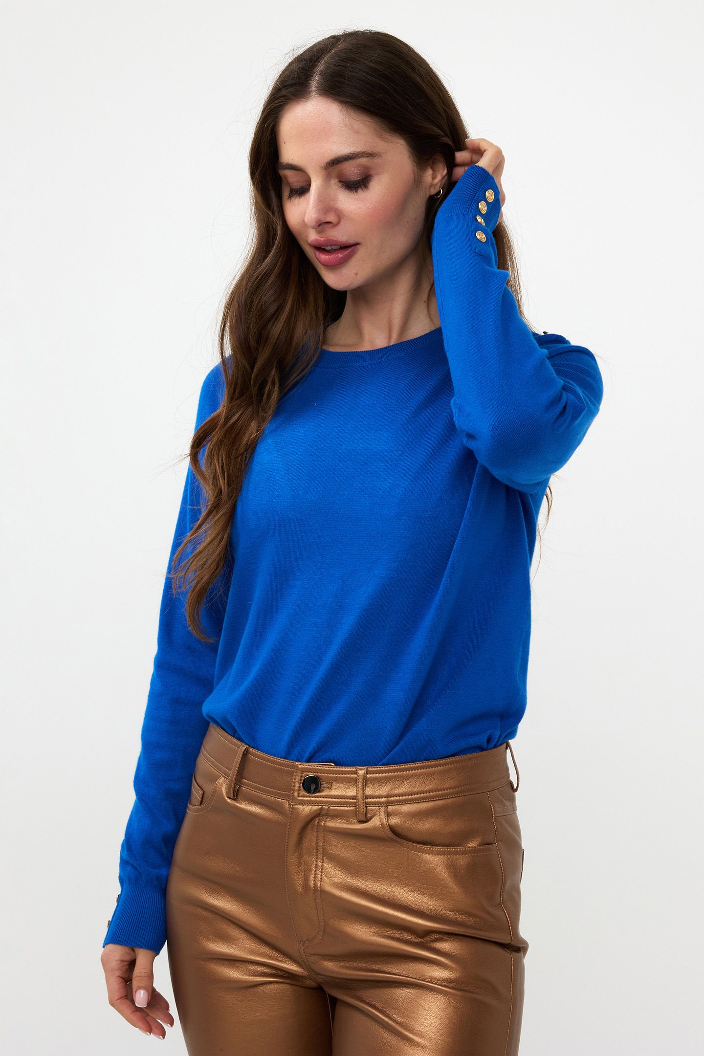SWEATER GATHERING BUTTON DETAILS BASIC KNIT BRILLIANT BLUE 1