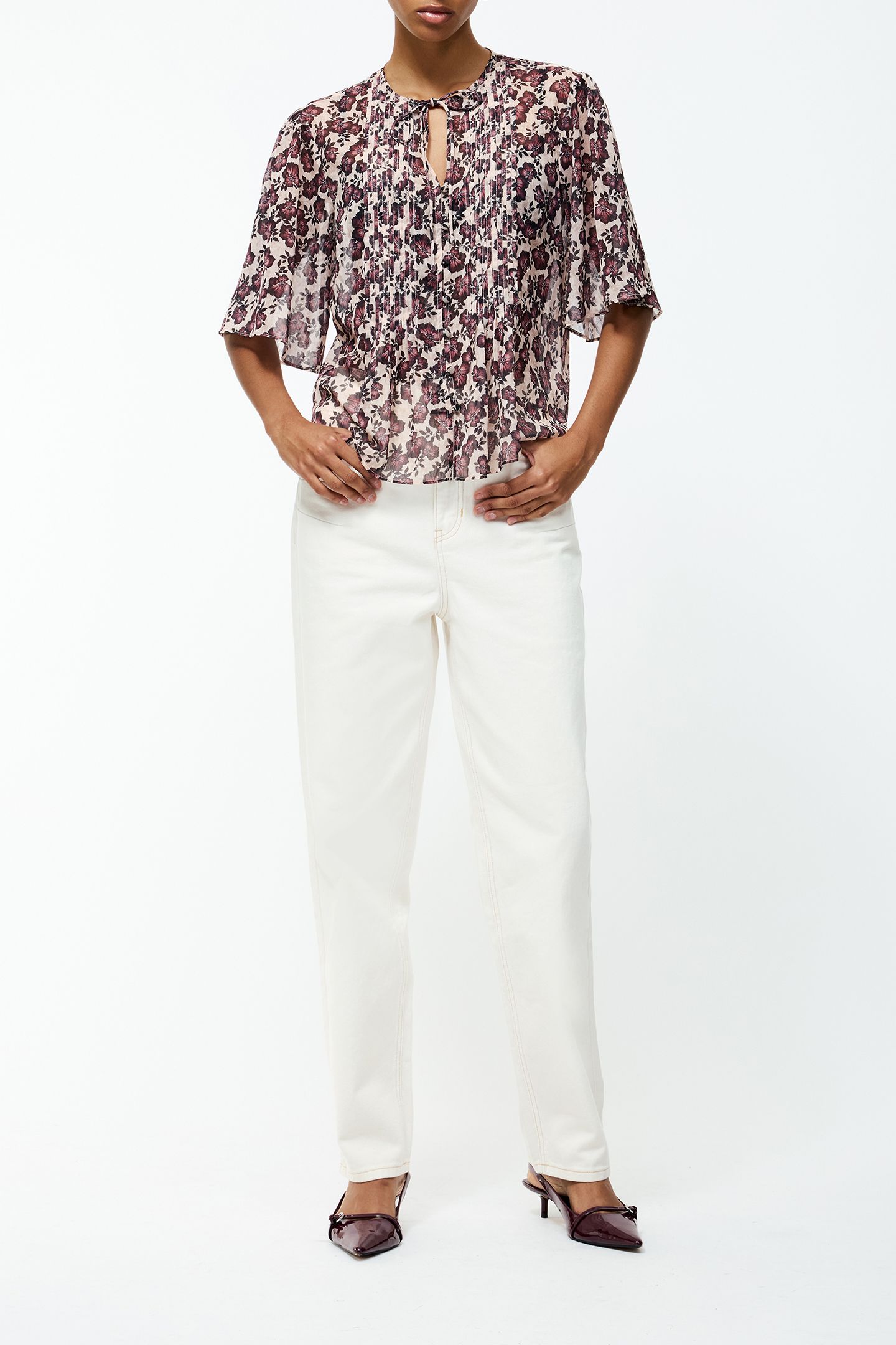 ELYSE HALLIE CRINKLE SS TOP BLUSH PINK FLORAL 1