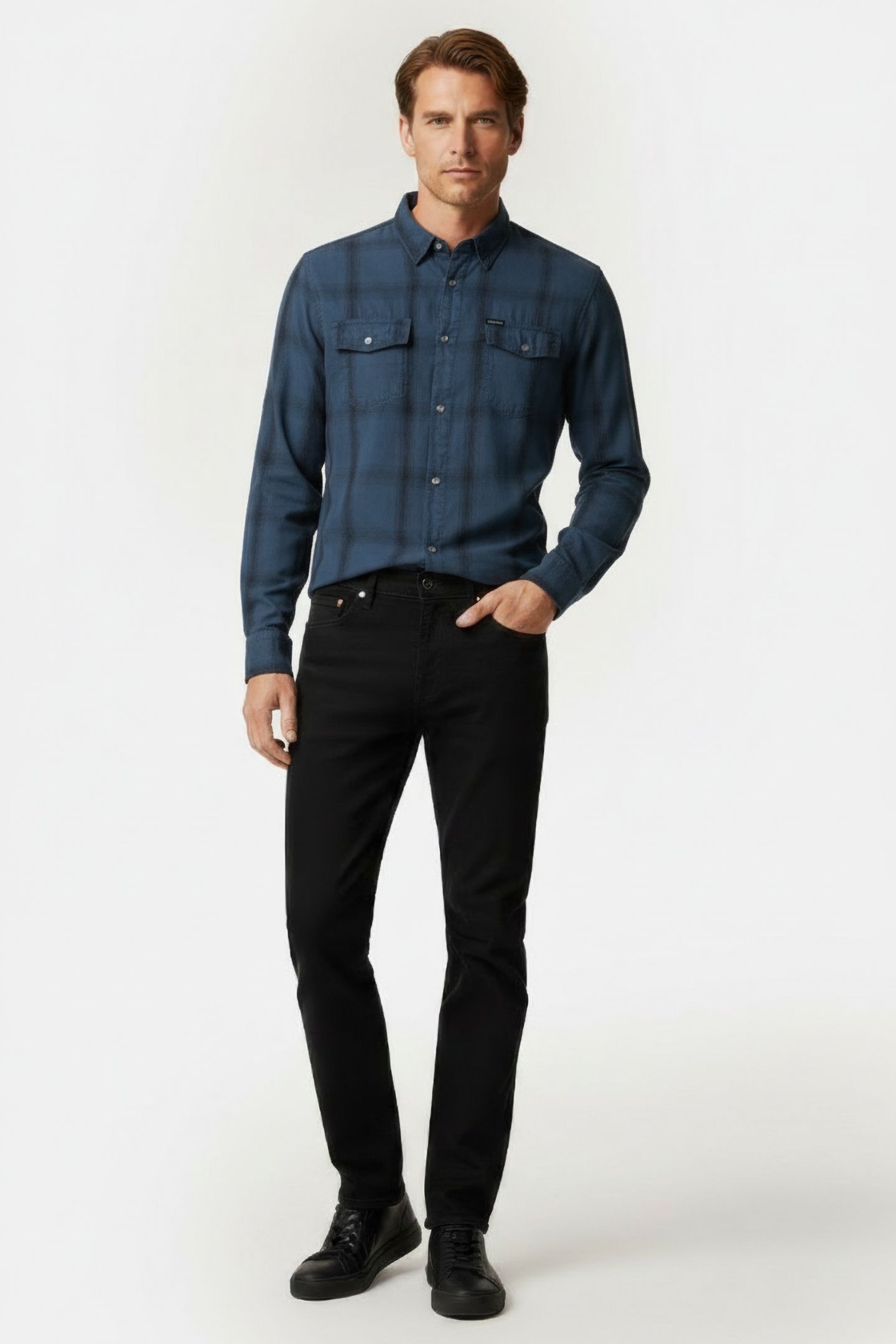 GUESS ECO LS SUNSET SHIRT NAVY FADED CHECK 1