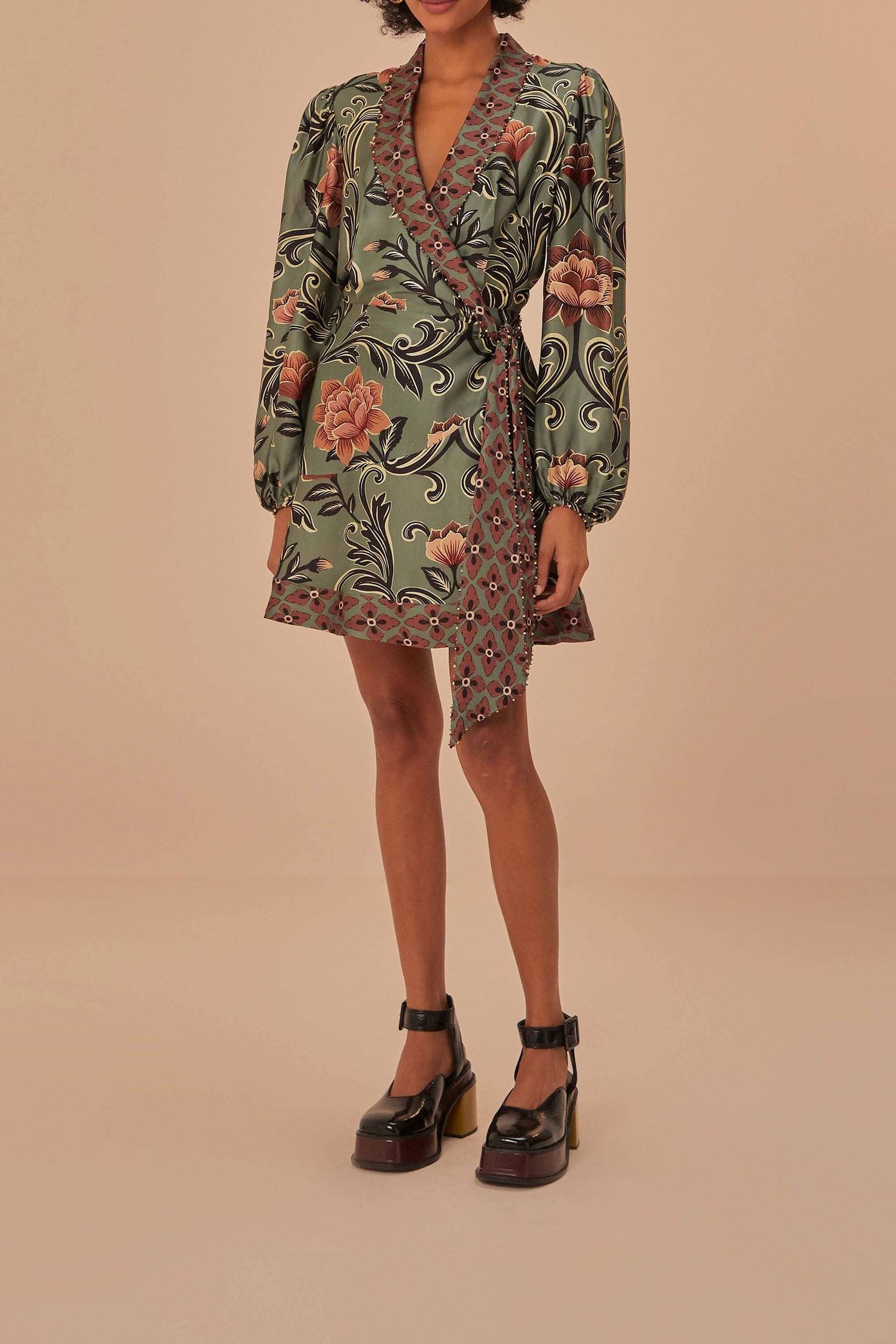 ARABESQUE FLORAL GREEN LONG SLEEVE MINI DRESS 1