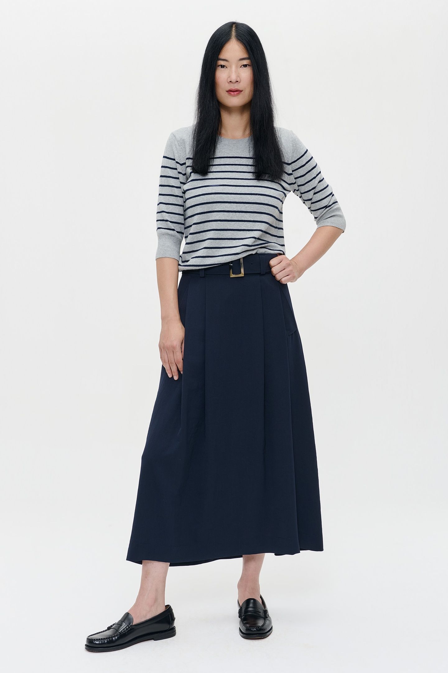CASHMERE SHORT SLEEVE TOP GREY/MIDNIGHT STRIPE 2