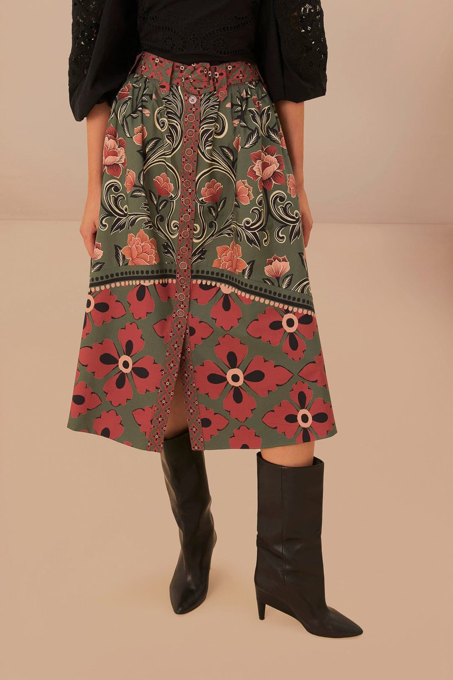 ARABESQUE FLORAL GREEN BUTTONS MIDI SKIRT 1