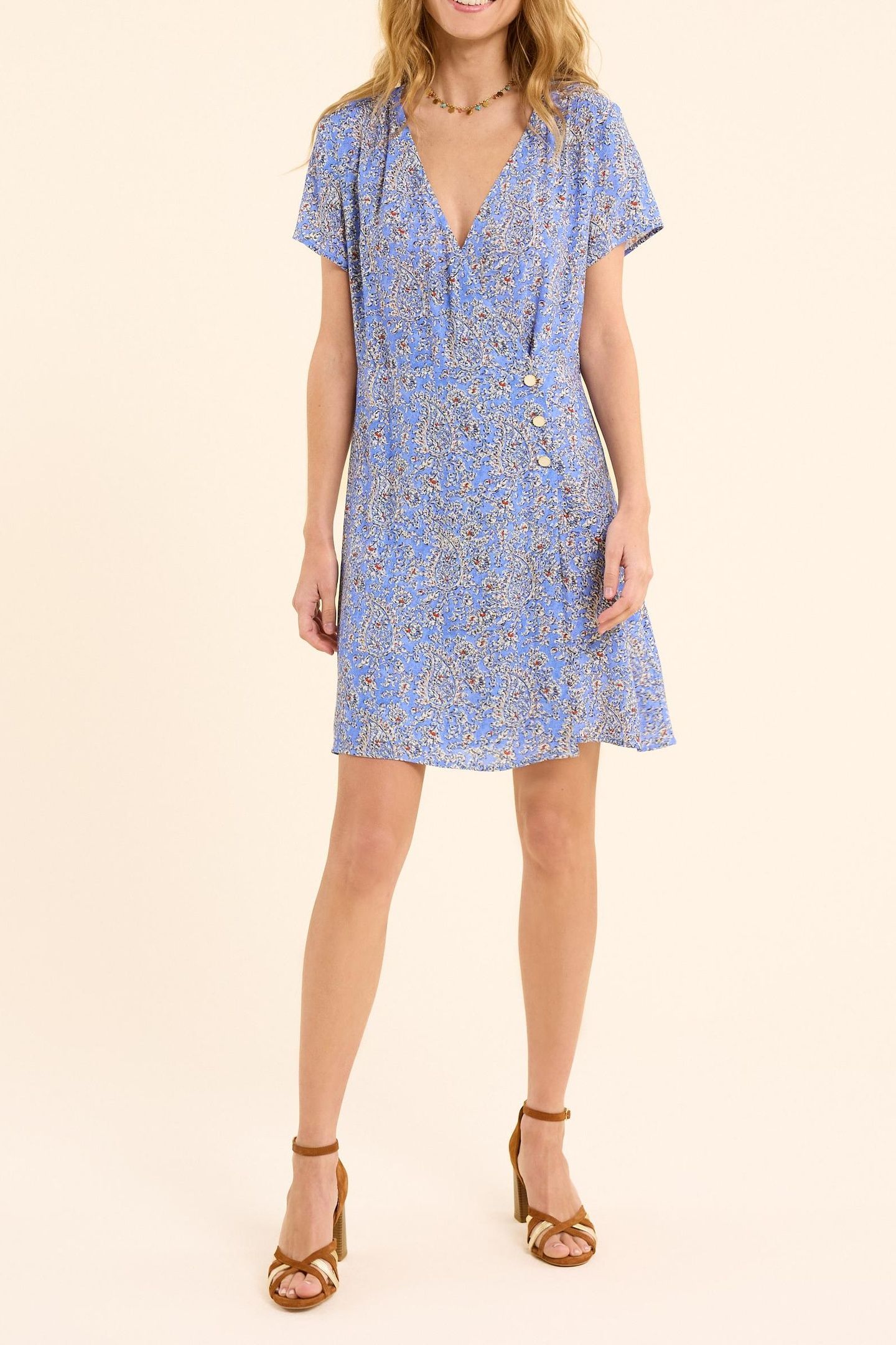 BLUE WRAP DRESS WITH FLORAL PAISLEY PRINT BLUE CERULEUM 3